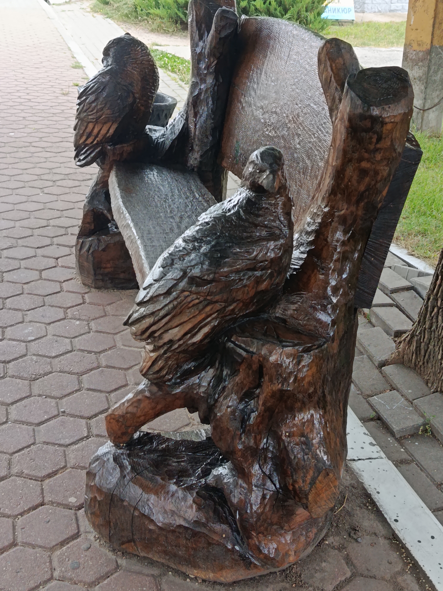 A carved wooden bench depicting two owls and a hawk is situated outdoors on a paved area in Zhlobin, Belarus. The bench is crafted from dark, weathered wood and features intricate details on the carved birds, particularly the hawk in the foreground which is positioned on a tree trunk base. The surrounding environment includes a pathway made of hexagonal pavers and a grassy area with some vegetation and a sign in the background. The lighting suggests it is daytime.