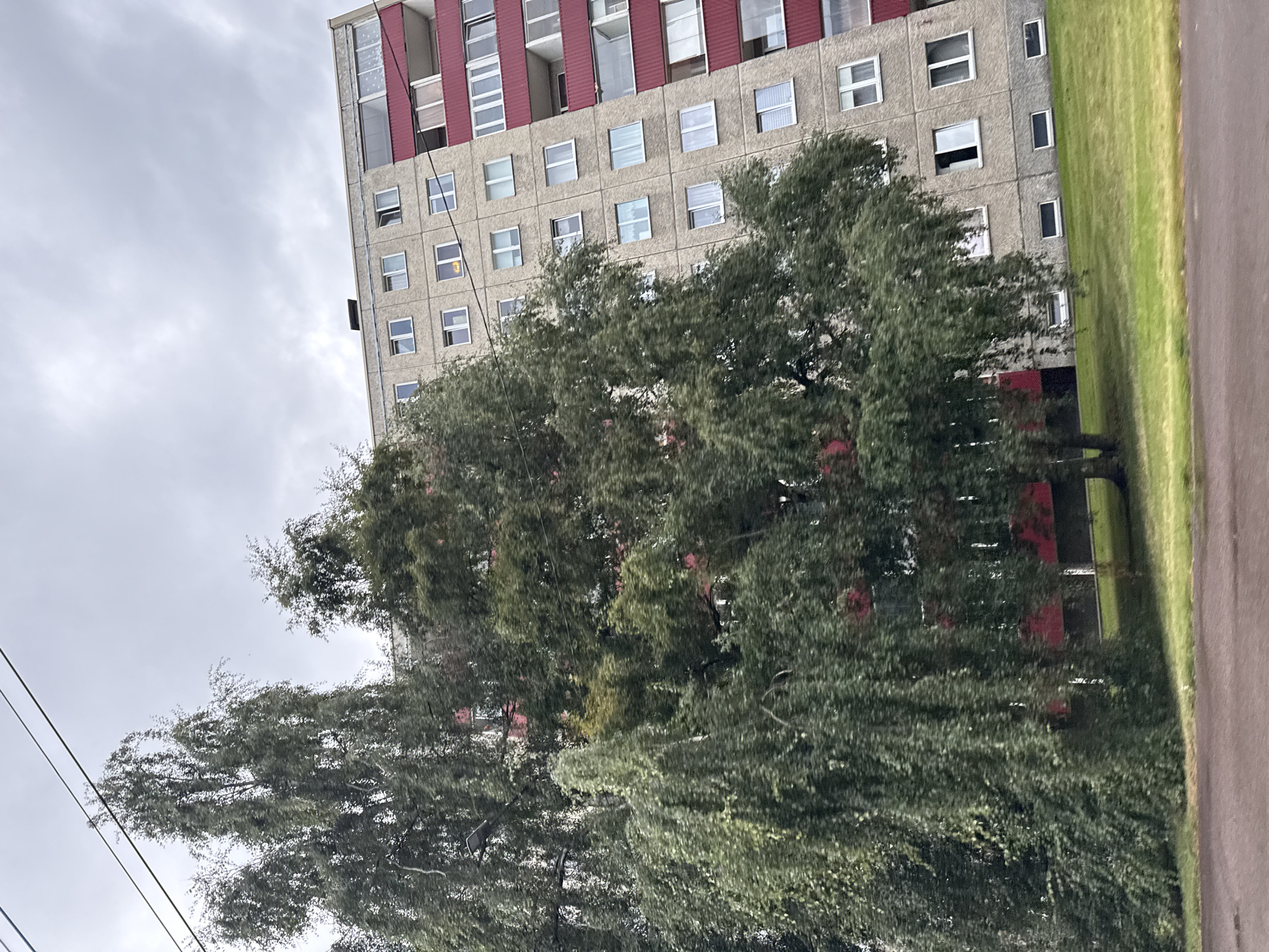 The image depicts a residential apartment building with a concrete facade and red balconies, situated in Tallinn, Estonia. Tall trees with green foliage stand in front of the building, partially obscuring it. The sky is overcast, indicating a cloudy day. A road runs along the bottom of the image, suggesting a street or pathway. There are no people visible in the scene. The building appears to be a multi-story structure, with rows of windows on each level. The overall impression is one of an urban residential area under a somber sky.
