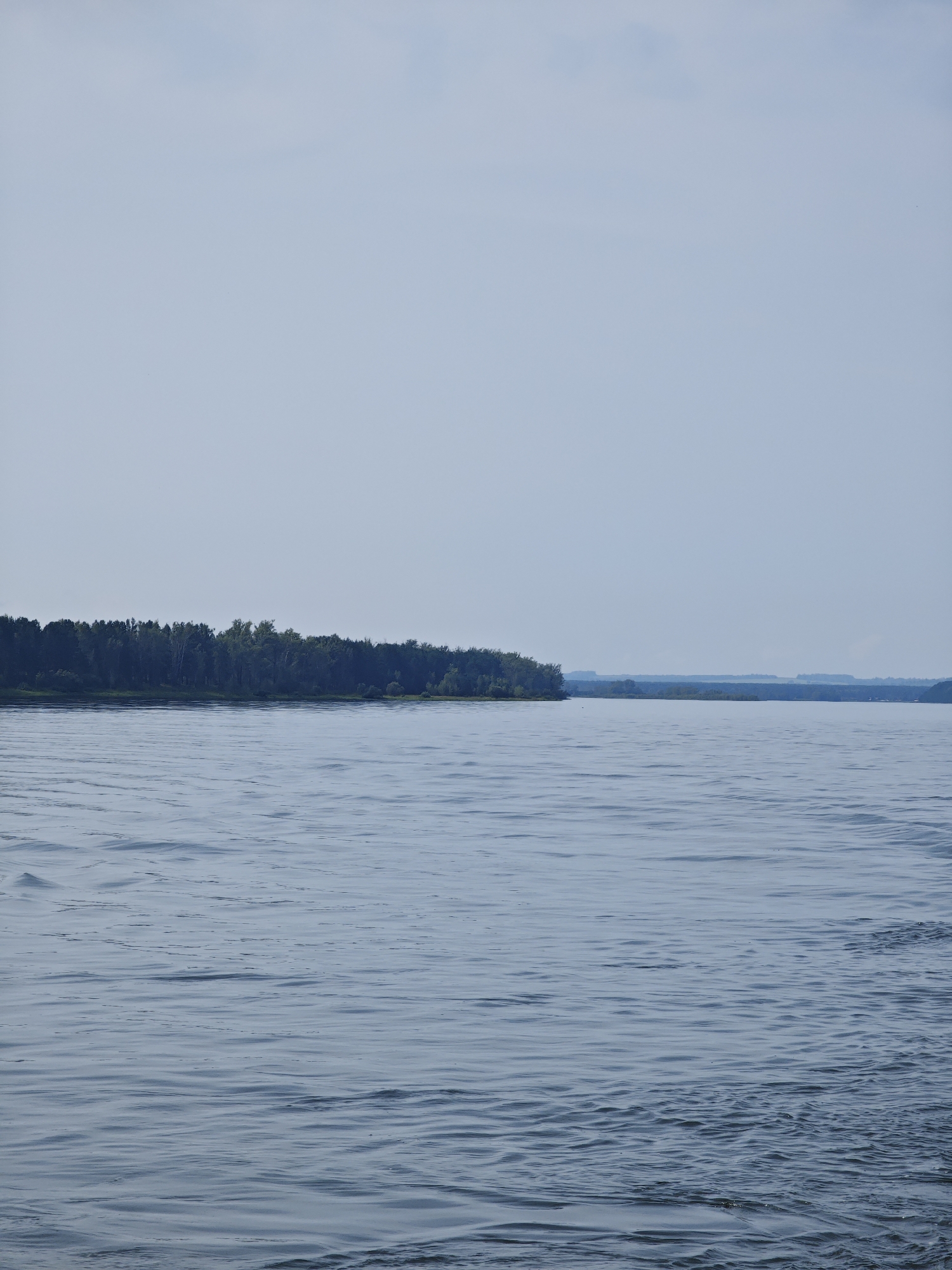 The image depicts a wide, calm body of water, likely a river or lake, with a distant, tree-lined shore. The sky is overcast with a pale blue hue, suggesting a diffused light source. The water's surface is textured with subtle ripples, indicating gentle movement. The distant shore is densely wooded, forming a dark green band against the horizon. The overall scene is serene and natural, with no signs of human activity or structures. The location is specified as Kononovo, Russia.