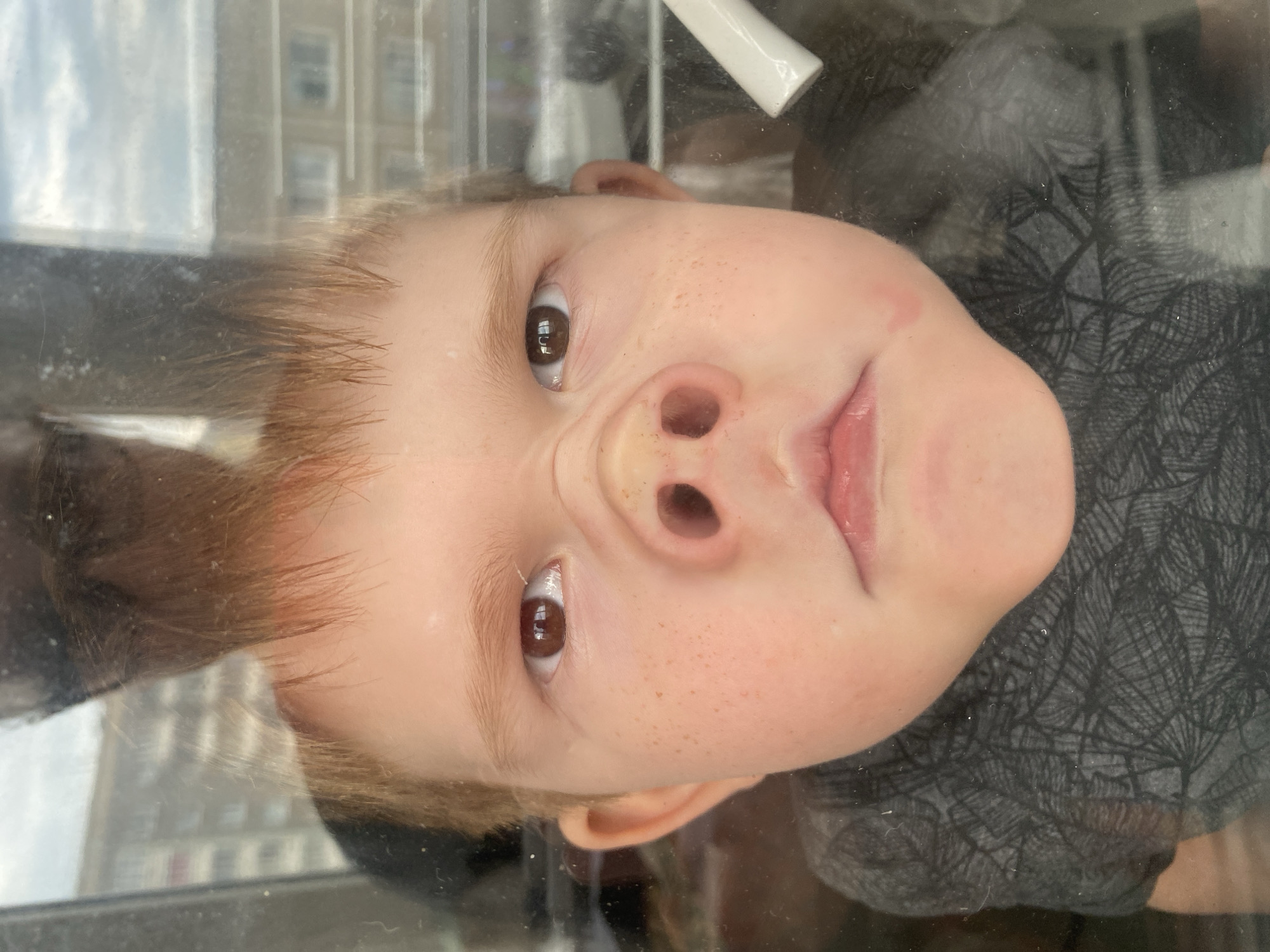 A young child with red hair and freckles is pressed against a glass surface, distorting their face. The child is looking directly at the camera with a playful expression. Their nose appears flattened and widened, and their mouth is slightly open. The background shows a blurred urban environment, suggesting the child is indoors looking out a window, with buildings visible in the distance. The image is taken in Chaikovsky, Russia.