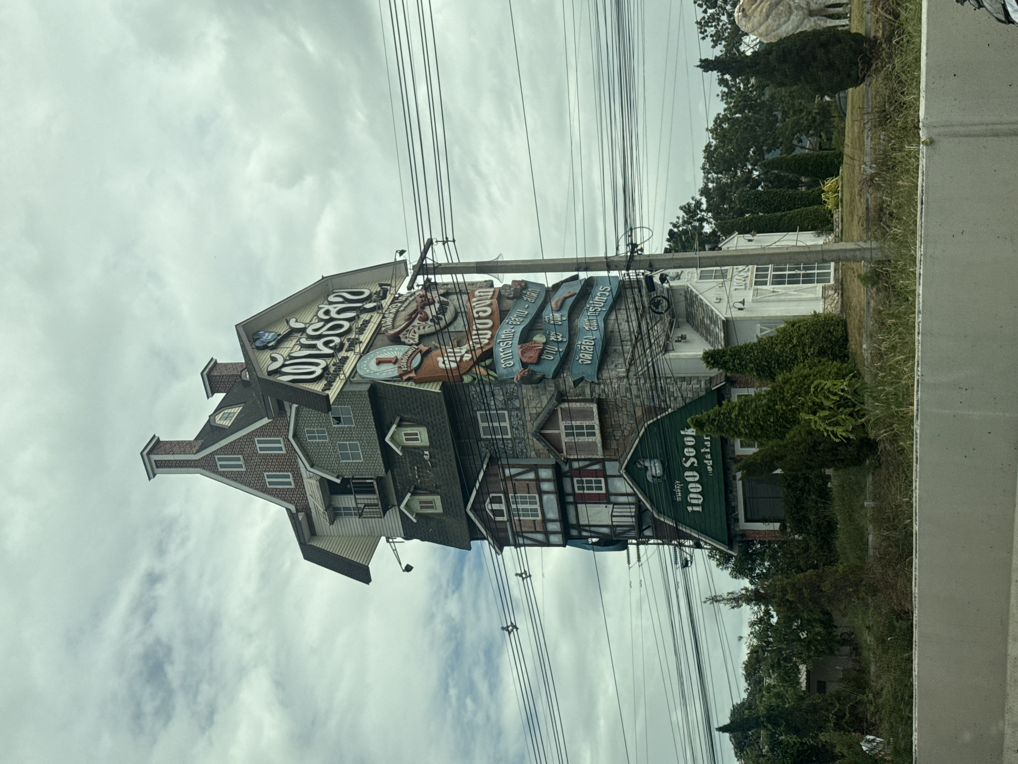This image captures a unique, multi-story building that resembles a stack of houses, located in the city of Ban Khao Yai, Thailand. The structure, which appears to be a commercial building, features various architectural styles, with gabled roofs, dormer windows, and different facade materials like brick and wood paneling. Prominently displayed on the side of the building are large signs with Thai script, one of which reads "1000 Sook." The building is situated alongside a road with numerous utility wires and poles crisscrossing in front of it. Lush greenery, including trees and bushes, surrounds the base of the building and extends into the background. The sky is overcast with clouds, indicating a dull or rainy day.