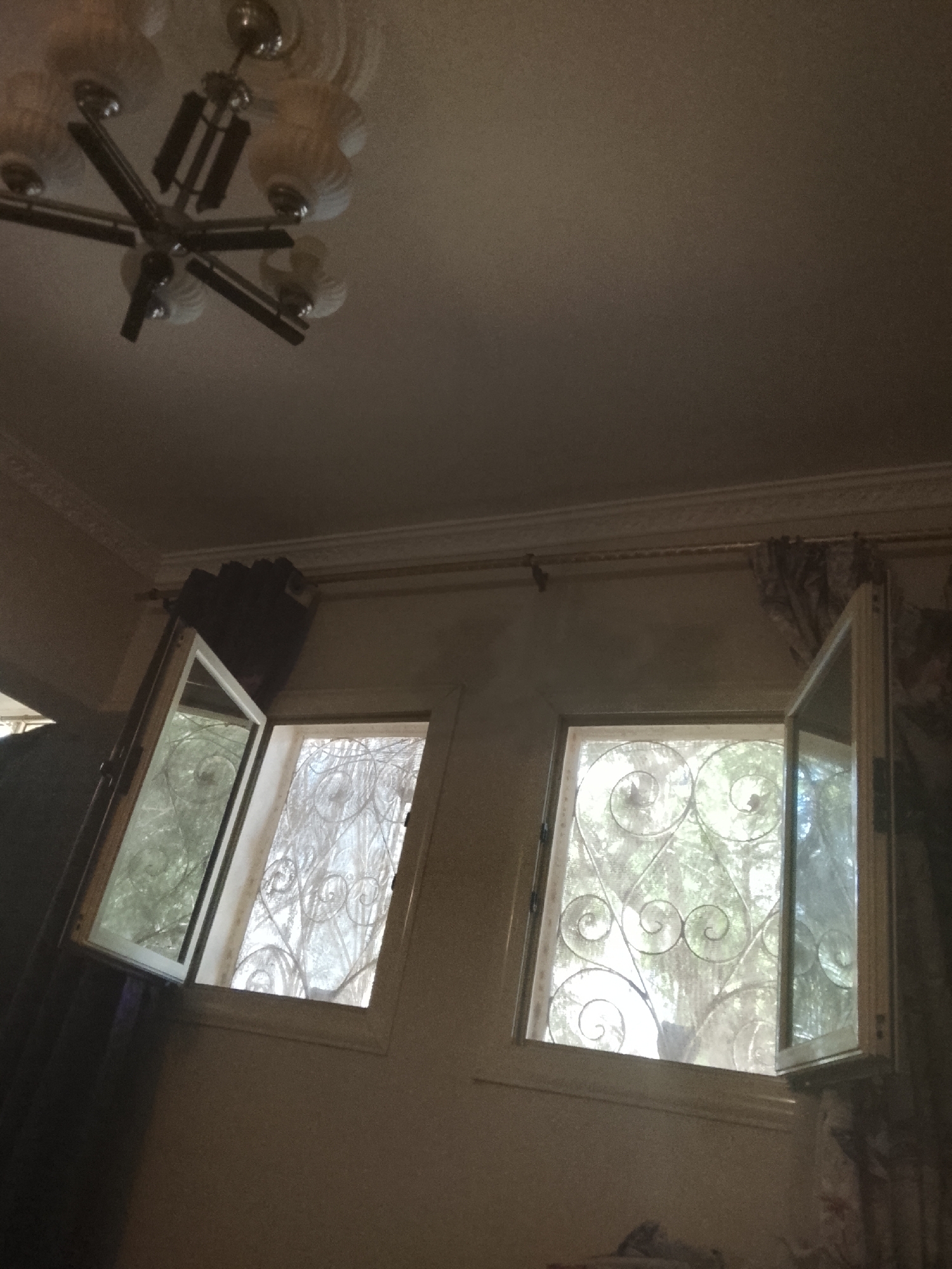 This is a low-angle, indoor photograph of a room with two open windows. The windows feature decorative metal grilles with swirling patterns. Through the windows, it appears to be daytime, with trees and foliage visible outside, suggesting a residential area, potentially in Cairo, Egypt, given the architectural style of the window grilles. The ceiling has a decorative molding and a central light fixture, possibly a chandelier. The overall lighting is dim, suggesting the photograph was taken in the afternoon or evening, or that the room is not well-lit by natural light. The scene is devoid of any people.