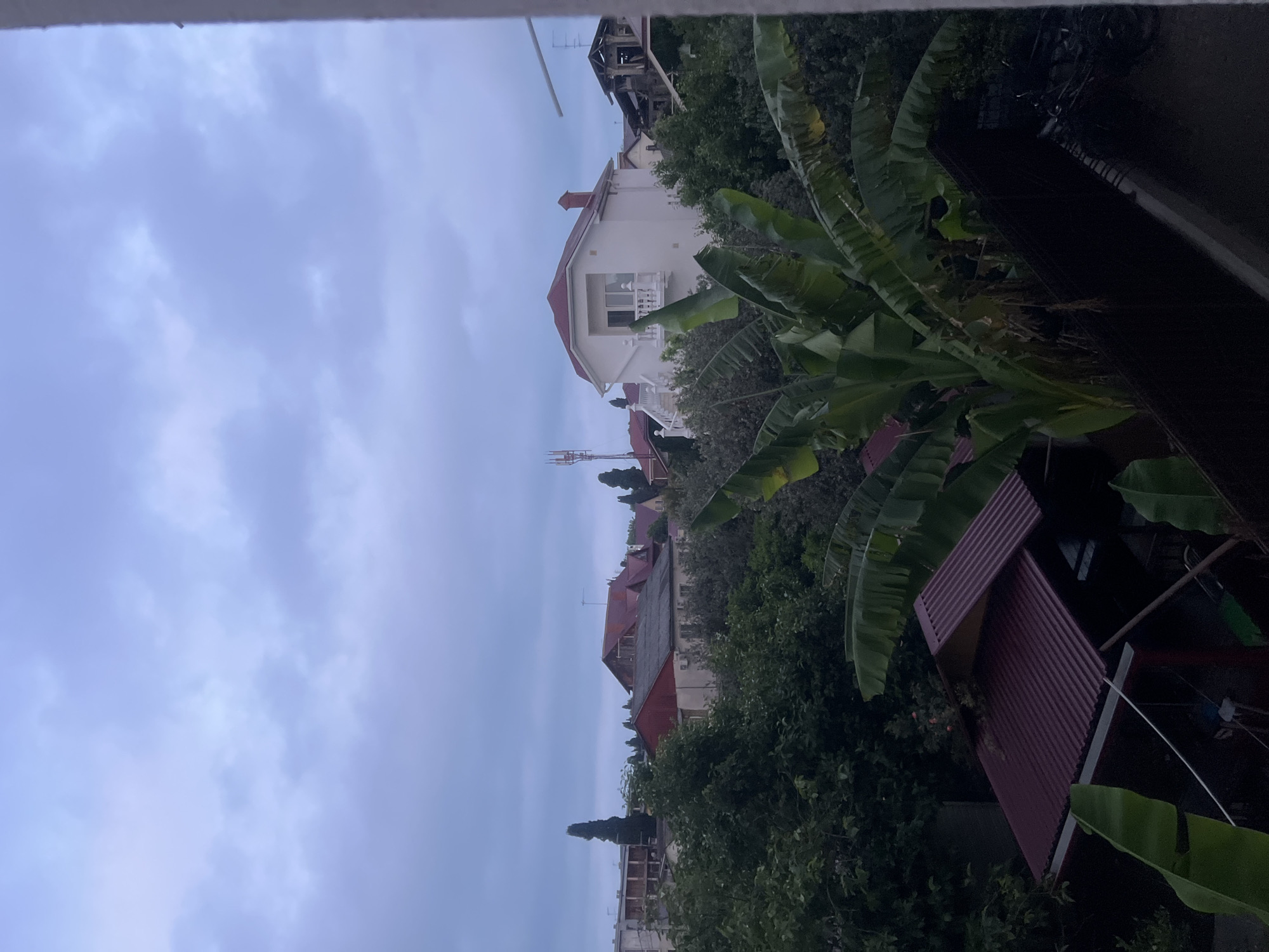 The image depicts a view of several houses and lush greenery under a cloudy sky. In the foreground, large green banana leaves obscure parts of the scene. A building with a dark red, corrugated metal roof is visible on the left, with its lower section in shadow. Behind this, more trees and vegetation dominate.
Further into the scene, a white two-story house with a red roof stands prominently, featuring a balcony with white railings and a visible chimney. To its right, another house appears partially damaged, with visible structural elements suggesting it might be under construction or recently affected by an event. In the background, a cell tower is visible to the left of the white house. Several other buildings and trees are scattered throughout the landscape, creating a suburban or semi-rural atmosphere. The sky is overcast, with muted shades of blue and grey, indicating possibly twilight or a cloudy day. The overall impression is one of a residential area surrounded by abundant vegetation.