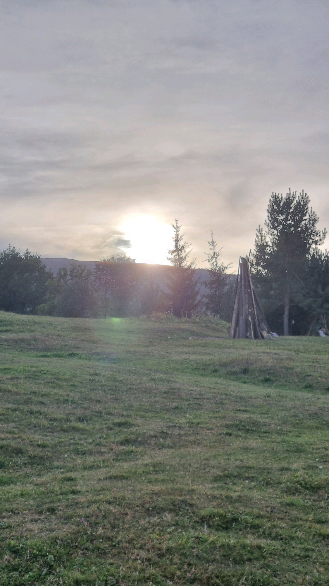 An outdoor, vertical, medium shot captures a sunlit, grassy hill in Izky, Ukraine, under a cloudy sky at sunset. The sun, a bright orb, is partially obscured by clouds, casting a warm glow over the landscape and creating lens flare. The foreground is dominated by a sloping, green lawn, with some patches of dry grass and scattered small, purple flowers. In the middle ground, a collection of tall, wooden poles, forming a conical structure, stands to the right of center. Behind the poles, a line of trees forms a dark silhouette against the sky, with several evergreen trees prominent on the right. Further back, a range of hills is visible, also silhouetted against the sky. The overall atmosphere is serene and natural, with a hint of human presence suggested by the wooden structure.