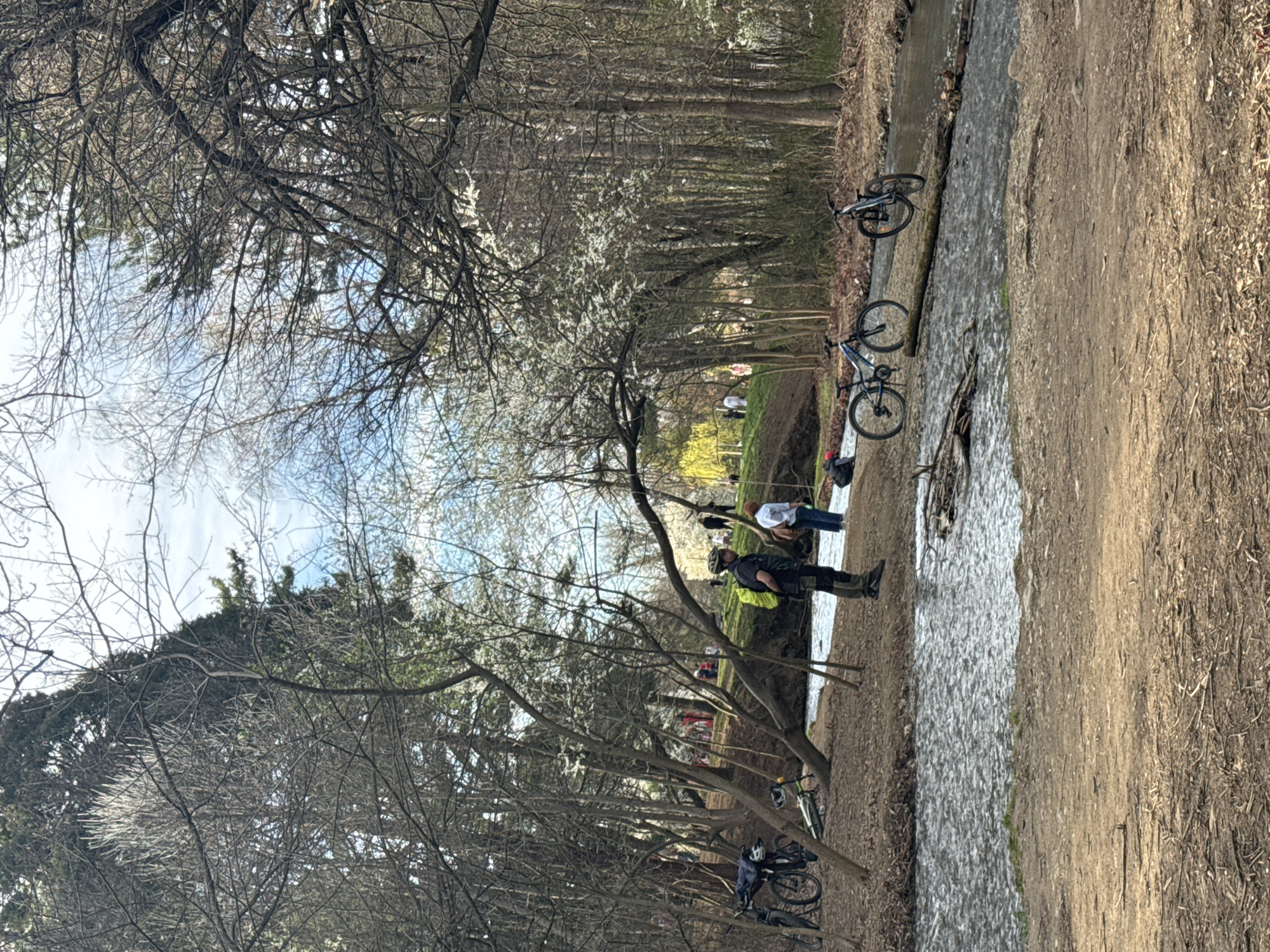 The image depicts a scene in a park setting, potentially in the city of Sofia, Bulgaria. A shallow, flowing stream is centrally located, with a dirt path running alongside it. Several bare trees are visible, some with budding white flowers. A group of people is present; one individual stands near the water's edge, wearing dark clothing, a backpack, and a helmet, possibly a cyclist. Two other individuals are also present, standing near the water. Further away on the stream bank, more people are gathered. Two bicycles are leaning against a tree near the stream. The background shows a dense wooded area. The sky is visible through the trees with some clouds.