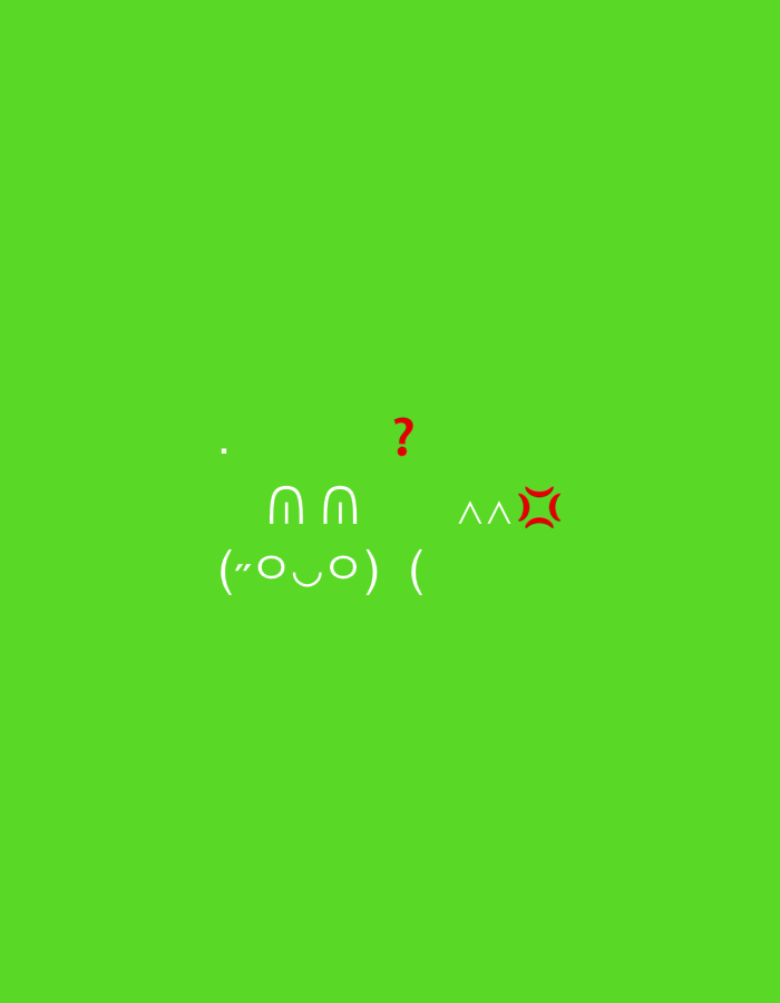 The image displays a minimalist composition on a solid, vibrant lime green background. There are no real-world subjects like people, objects, or a discernible scene or setting.
The primary elements are various white and red emoticon-like symbols and characters arranged across the central area. In the lower-center, a white kaomoji face `(Β°ΪΊΒ°o)` is present, with the `ΪΊ` character resembling a nose and `o` characters acting as eyes, enclosed by parentheses. Directly above this kaomoji, two white uppercase 'U's (`UU`) are positioned.
To the right of the `UU` characters, a pair of white carets `^^` leads to a prominent red, jagged square symbol, which commonly signifies anger or frustration. Other elements include a small white dot `.` in the upper-left region relative to the `UU` characters, and a red question mark `?` located above and slightly to the right of the `UU` characters. A single white opening parenthesis `(` is also visible to the right of the kaomoji face.
The composition is abstract, featuring simple text-based symbols. The combination of a questioning mark, an angry symbol, and a kaomoji face suggests a range of emotions, possibly confusion, inquiry, or frustration. No specific activity or event is taking place, and there are no visible cues for time of day, weather, or a particular geographic location. The characters themselves do not form complete words in any language.