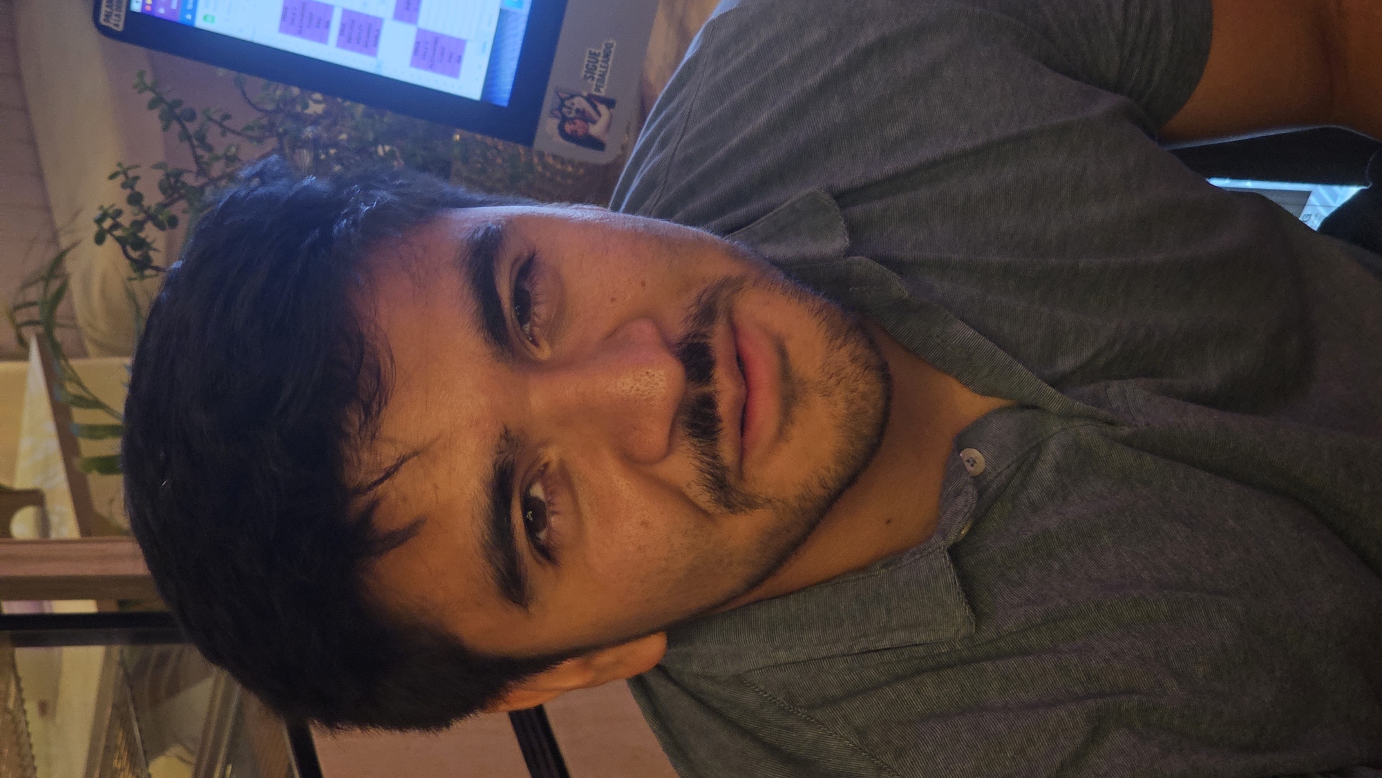 A portrait of a man with dark hair and a mustache is captured in an indoor setting. He is wearing a gray collared shirt with a button visible at the collar. In the background, there's a computer monitor displaying what appears to be a calendar or scheduling application. To the left, a potted plant adds a touch of nature to the scene. A sticker with an image of a husky and the text "SIGUE PEDALEANDO" is affixed to the computer monitor. While the location is presumed to be Puebla, Mexico, there are no visual markers within the image to confirm this specific location.