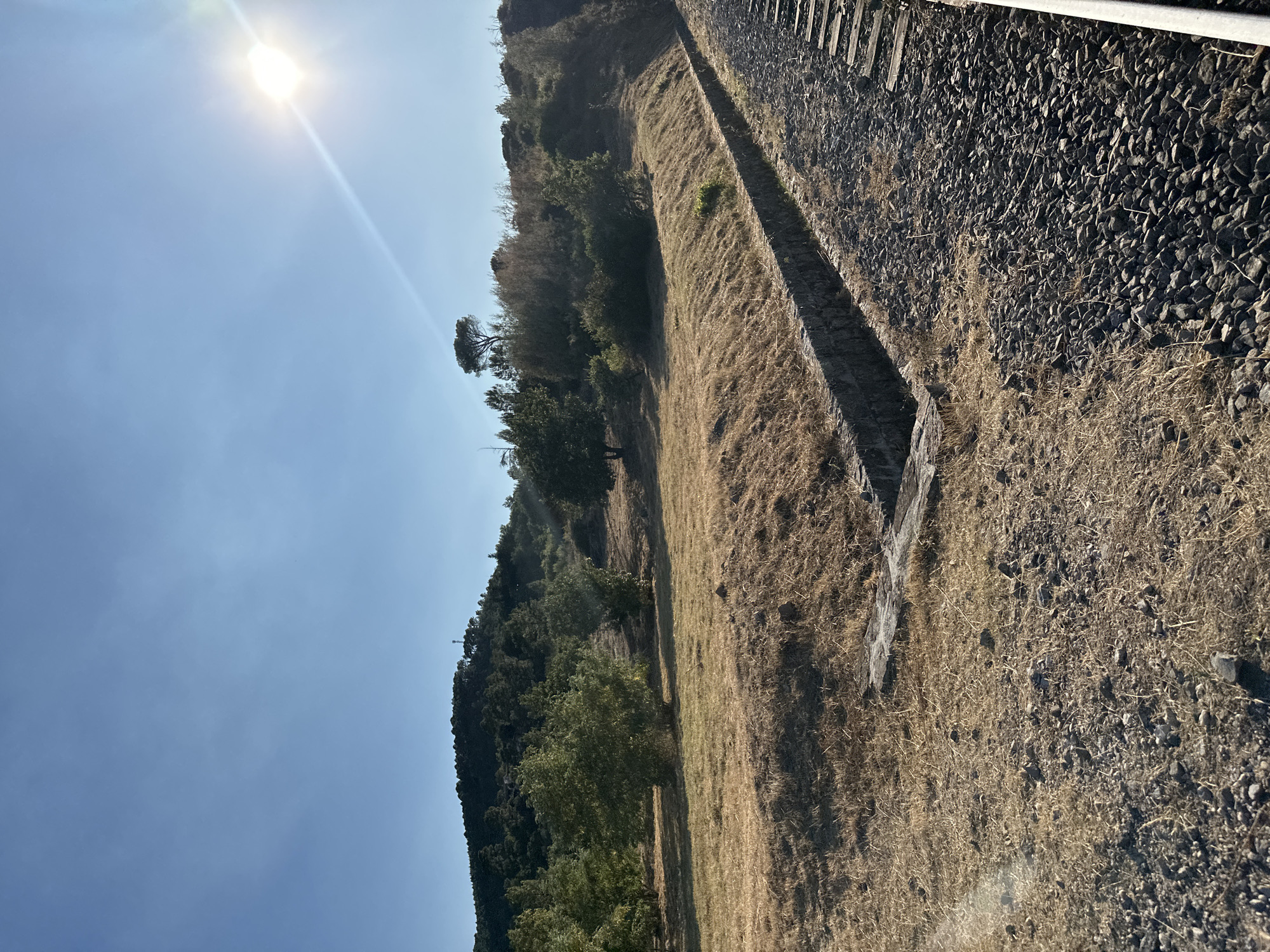 The image captures a bright, sunny day in Générargues, France, depicting a rural landscape with a clear blue sky and a prominent sun in the upper right corner. The foreground features a railway track composed of ballast and wooden sleepers, running diagonally from the lower right towards the center. Adjacent to the tracks, a stone-lined drainage ditch runs parallel, partially filled with dry grass. The middle ground is dominated by a sloping field covered in dry, golden grass, with scattered rocks and a small, flat stone structure in the lower left. A few trees, varying in size and foliage density, are visible in this area. In the background, a densely wooded hill rises, its slopes covered in a mix of green trees and shrubs. The crest of the hill is topped with a cluster of trees and a distant communication tower. The overall impression is one of a serene, natural environment under a clear, sunny sky.
