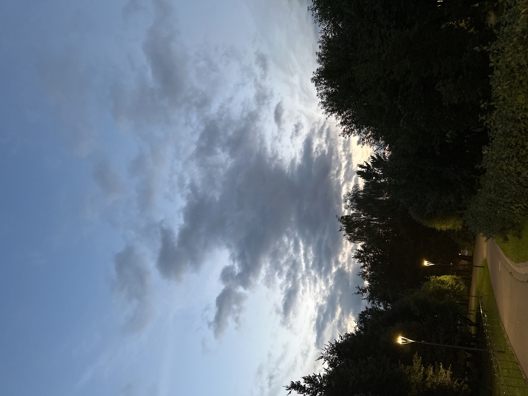 The image depicts a park at dusk. A curved paved path is visible in the foreground, lined with a metal fence and green grass. Two streetlights with triangular shades illuminate the path. Dense, dark trees form a backdrop on both sides of the path, with some lighter foliage visible in the distance. The sky above is a gradient of blue and gray, with scattered clouds. The scene is characteristic of a park in a residential area of Moscow, Russia, during twilight. There are no people or animals visible in the image.