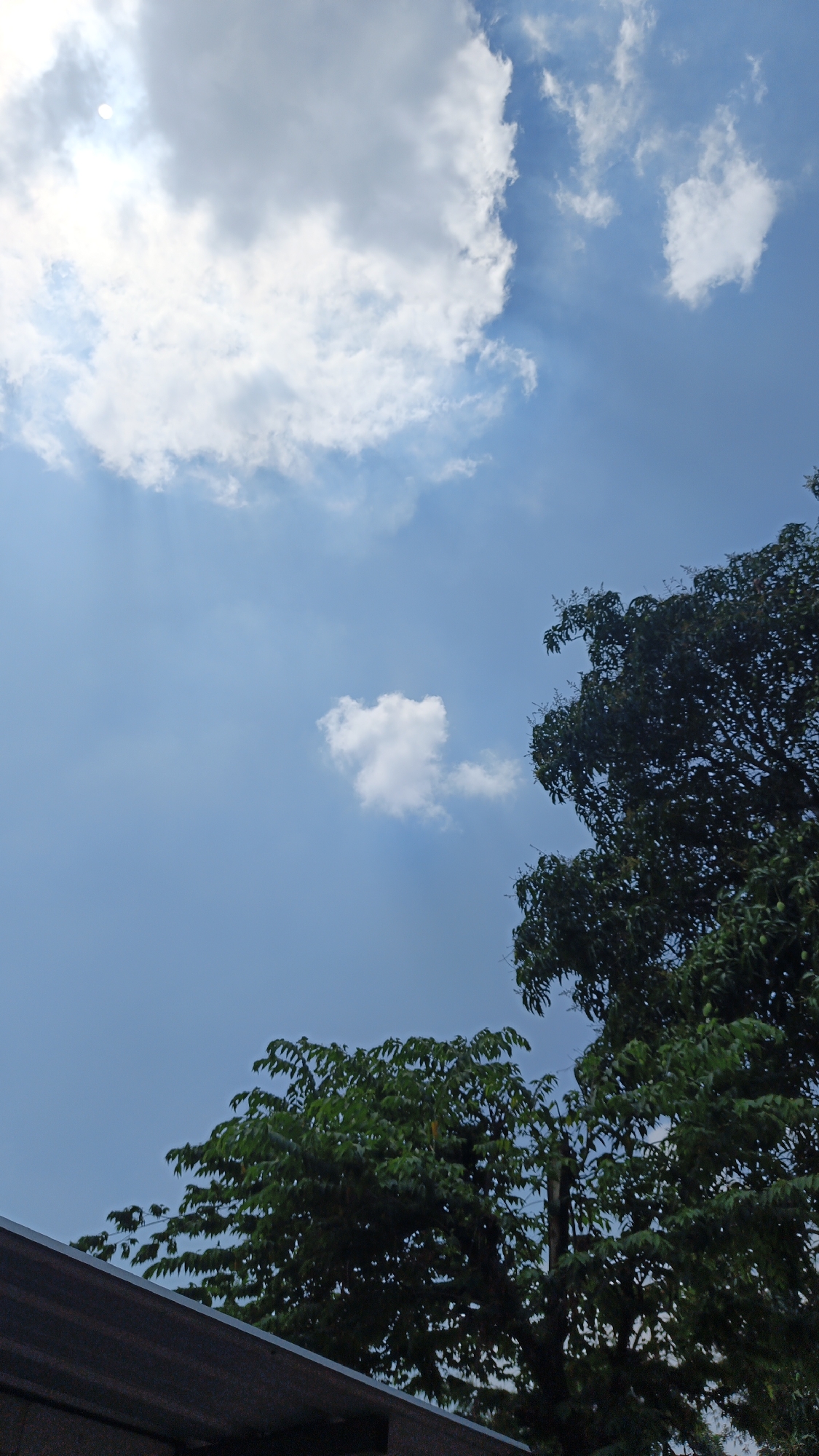 The image is an outdoor, vertical, eye-level shot taken in Sambi, Indonesia. The scene is dominated by a clear blue sky with scattered white clouds. In the upper left quadrant, a large, bright cloud partially obscures the sun, creating visible sunbeams. A smaller, detached cloud floats in the middle of the sky. The lower portion of the image features the dark green foliage of two trees. The tree on the right is taller and more prominent, its branches reaching towards the sky. The tree on the left is shorter and appears bushier. In the bottom left corner, a dark brown, sloped roofline is visible, likely belonging to a building. No people are present in the image.
