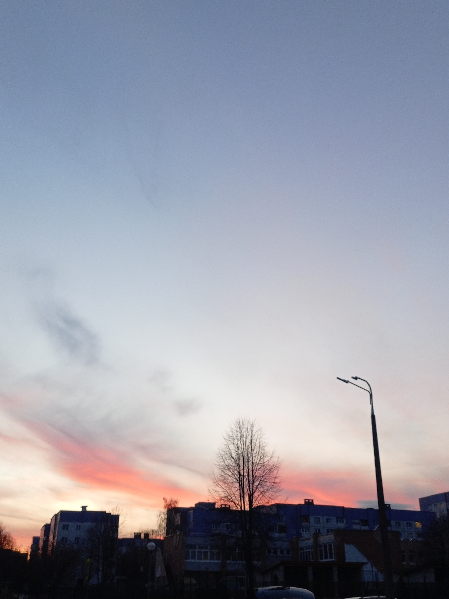 The image shows a sunset over an urban area, likely in Hrodna, Belarus. The sky transitions from light blue at the top to a vibrant pink and orange near the horizon, indicating the setting sun. Buildings are silhouetted against the colorful sky, appearing as dark shapes with visible windows. A bare tree stands out in the foreground, and a street lamp is positioned on the right side of the frame. The overall scene depicts a quiet, urban environment at dusk.