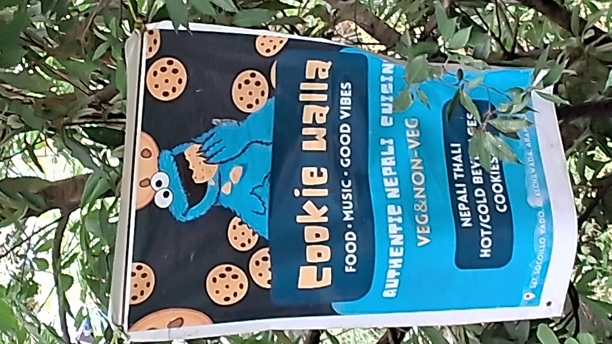 A blue and black banner for "Cookie Walla" hangs from a tree in Bhagsu, India. The banner features a cartoon illustration of Cookie Monster eating a cookie. Below the illustration, the banner reads "Cookie Walla" in large yellow letters, followed by "FOOD MUSIC GOOD VIBES" in smaller white letters. Further down, it advertises "AUTHENTIC NEPALI CUISINE VEG & NON-VEG". The lower section lists "NEPALI THALI HOT/COLD BEVERAGES COOKIES". At the very bottom, there is a street address: "547, SOCOILLO VADO, KALCHAWADA, ARAN". The banner is partially obscured by green leaves and branches of the tree.
