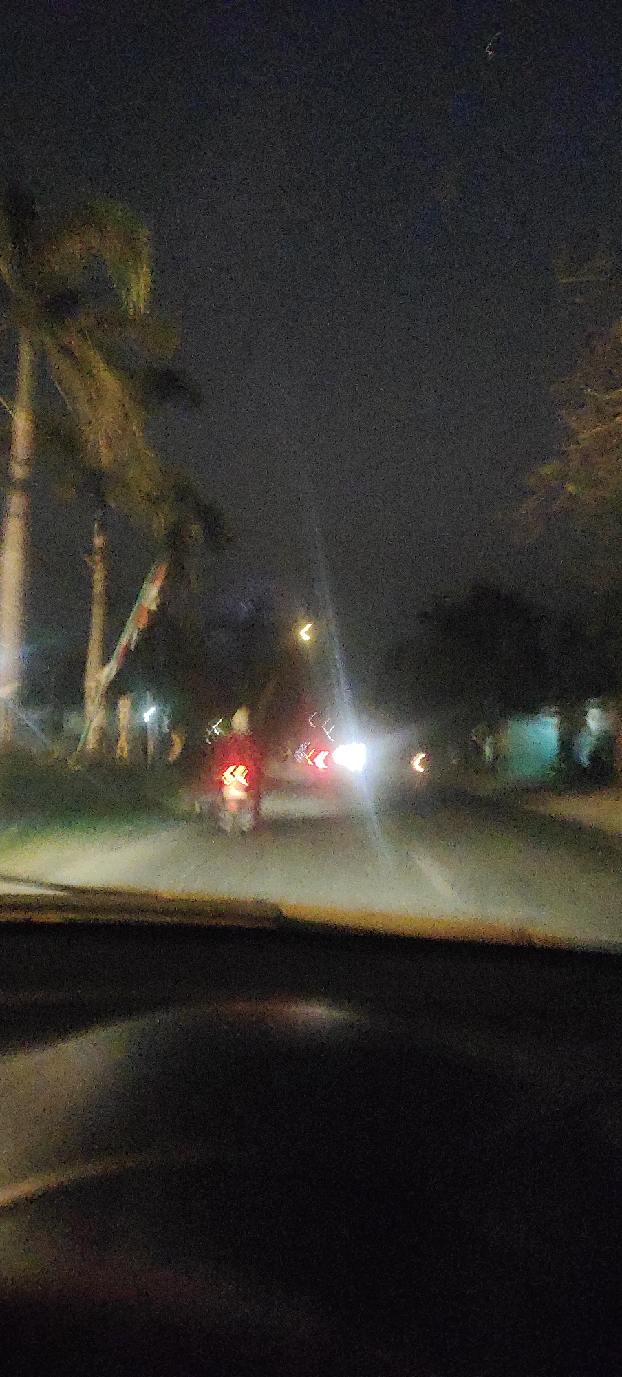 The image depicts a nighttime street scene, likely in Cabean, Indonesia, characterized by low light conditions and a grainy texture. In the foreground, a dark, out-of-focus area suggests the interior of a vehicle. The mid-ground reveals a road with visible lane markings and what appears to be a motorcycle in motion, its taillight emitting a red glow. To the left, a palm tree is visible, its fronds illuminated by ambient light. Further back, other vehicles or streetlights produce streaks of light, including a bright white headlight and directional arrows. The background consists of dark foliage and indistinct structures, hinting at the urban or suburban environment of Cabean. The overall atmosphere is nocturnal, with artificial lights piercing the darkness.