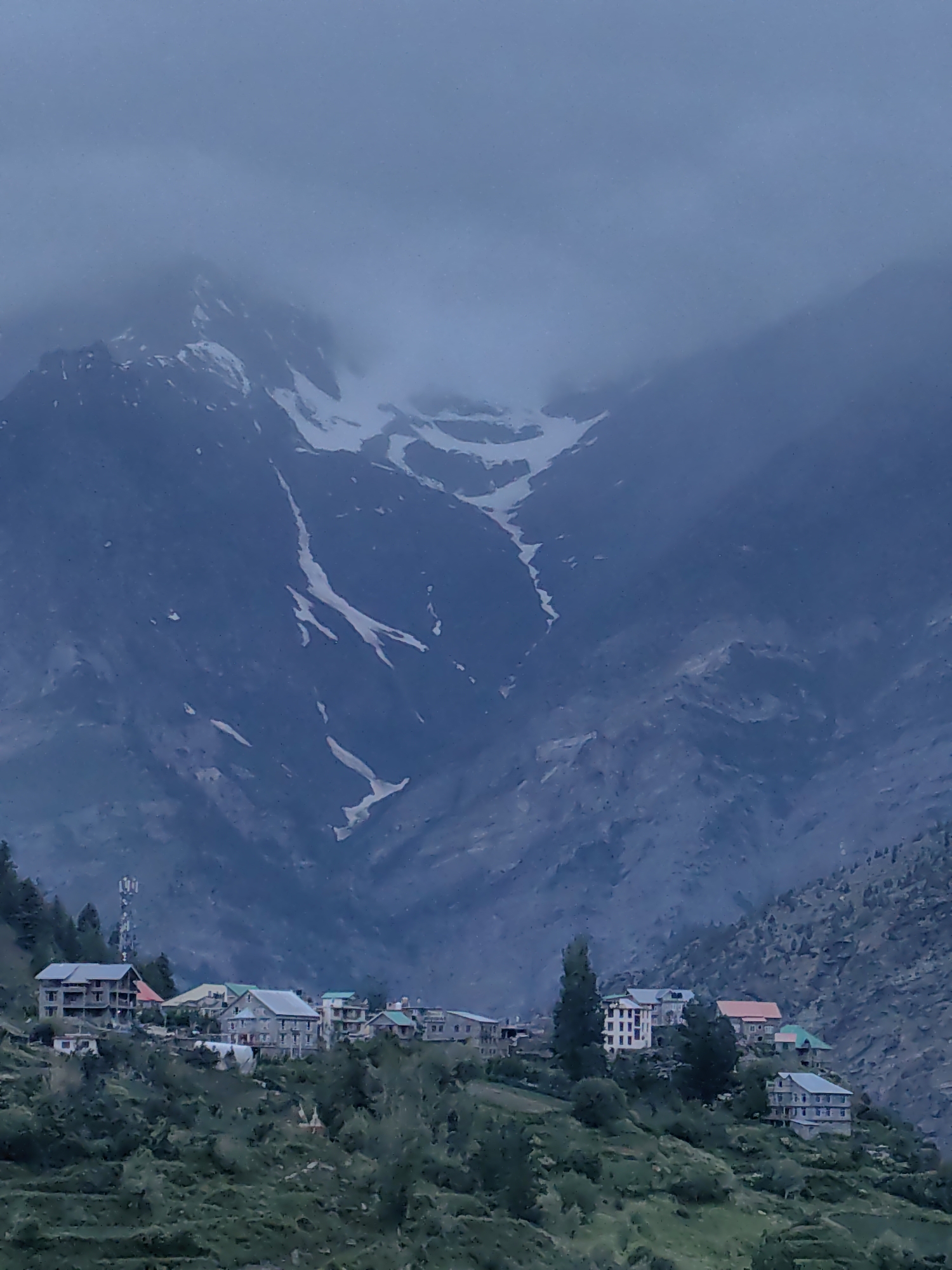 This is a vertical, wide-angle shot of a village nestled on a mountainside, with a dramatic, snow-capped mountain range looming in the background under a cloudy sky. The village appears to be in the Lahul Valley, near Keylong, India. The architecture of the houses is varied, with some featuring traditional flat roofs and others exhibiting more modern multi-story designs with pitched roofs. The houses are constructed with a mix of materials, including stone and painted concrete, and are clustered together on the green, undulating slopes of the mountain.
The foreground is dominated by lush green vegetation and trees, with the village appearing in the middle ground. A prominent cell tower stands tall amidst the trees to the left of the village. The background is filled with the imposing mountain range, characterized by dark, rocky slopes streaked with patches of snow. The sky is overcast with heavy clouds, creating a muted and atmospheric lighting condition. The overall scene depicts a serene and remote mountain village, likely a settlement in the Indian Himalayas. There are no visible people or animals in the image.