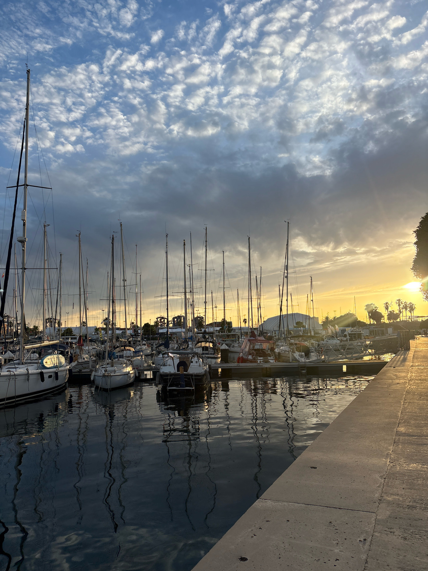 This image captures a serene view of a marina at sunset, likely located in the city of Valencia, Spain, given the style of architecture and vegetation visible in the background. Numerous sailboats are docked side-by-side, their masts extending vertically into a sky filled with dramatic clouds. The setting sun casts a warm, golden light across the scene, illuminating the clouds from behind and creating a striking contrast with the darker tones of the boats and water. The water's surface reflects the boats and the sky, adding depth and a sense of tranquility to the composition. In the foreground, a concrete walkway lines the edge of the marina, its surface textured and showing signs of wear. The overall atmosphere is peaceful and picturesque, suggesting the end of a day at sea or a quiet evening in the harbor. No people are visible in the image.