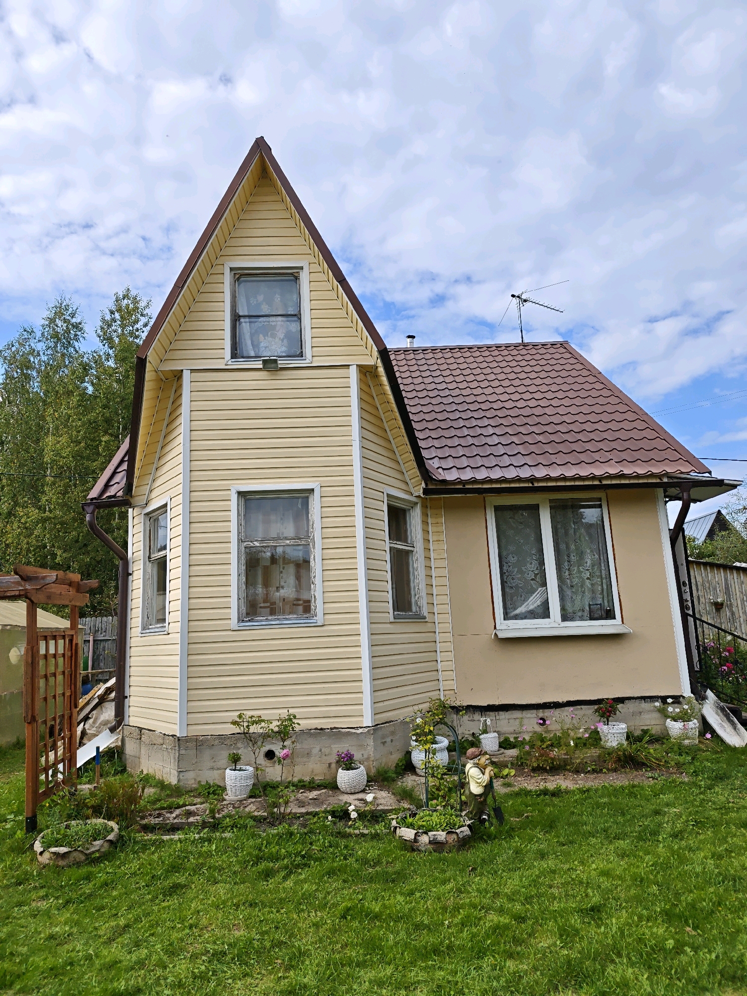 The image shows a two-story, light yellow-sided house with a brown, wavy-shingled roof, located in the Snt city of Svitino, Russia. The house has several windows, with white trim. One window on the second floor, in the gabled portion of the house, has a floral curtain visible. The front of the house has a porch with a black railing and a white-painted door. To the left of the house, there is a wooden pergola structure and a greenhouse. The yard is covered in green grass and features several potted plants and a garden gnome. A dark brown gutter runs along the side of the house. In the background, there are trees and a wooden fence. The sky is blue with scattered white clouds.