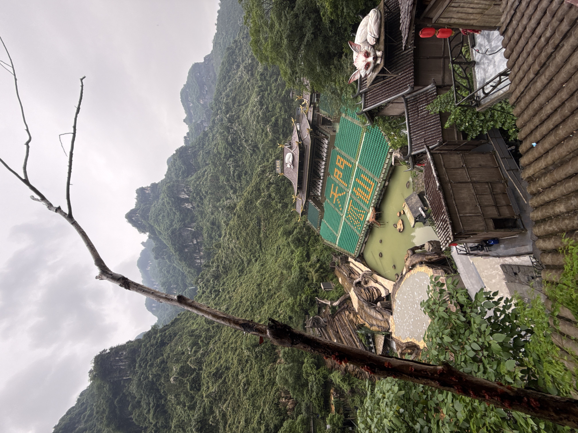 The photograph captures a lush, mountainous landscape in the Yongding District of China. A large, green-roofed structure with orange lettering sits near a pond of murky green water. A white, rabbit-like sculpture perches on a nearby building with traditional tile roofs. A gnarled tree branch occupies the foreground. The environment is overcast.