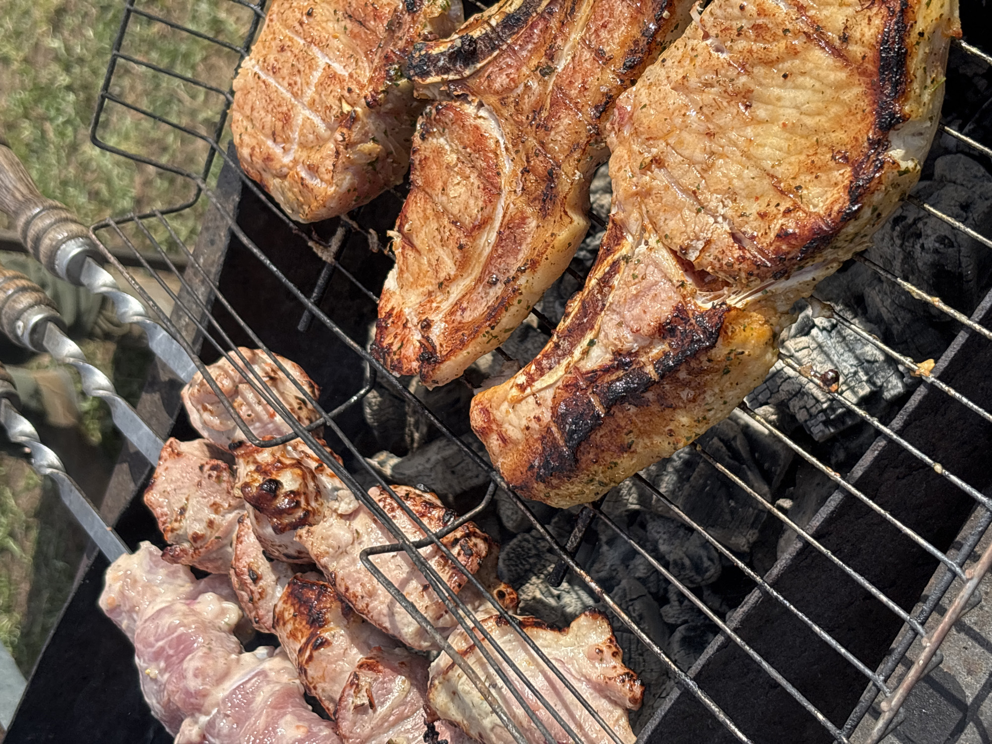 An overhead shot captures a vibrant outdoor grilling scene, likely taking place in Lukintsy, Russia, during bright daylight. The primary subjects are various cuts of meat cooking over hot coals. In the upper portion of the frame, several thick, seasoned pork chops with visible bone are laid out on a metal grill grate. These chops exhibit distinct char marks and a golden-brown, cooked exterior, suggesting they are well on their way to being done or recently finished.
Below the pork chops, to the left, are several metal skewers, some with decorative twisted handles made of wood and metal, holding smaller, cubed pieces of meat. This skewered meat, typical of shashlik, appears to be in different stages of cooking, with some pieces still pink and raw, while others show browning and slight charring, indicating an active grilling process. The skewers are positioned directly over the glowing and ash-covered charcoal, which provides the heat for cooking.
The setting appears to be outdoors, with a hint of green foliage or grass visible in the blurred background to the left, reinforcing a picnic or garden environment. The strong lighting indicates a sunny day, creating clear shadows and highlighting the textures of the meat and grill. No people are visible, but the setup implies a social gathering or meal preparation. No text is visible in the image.