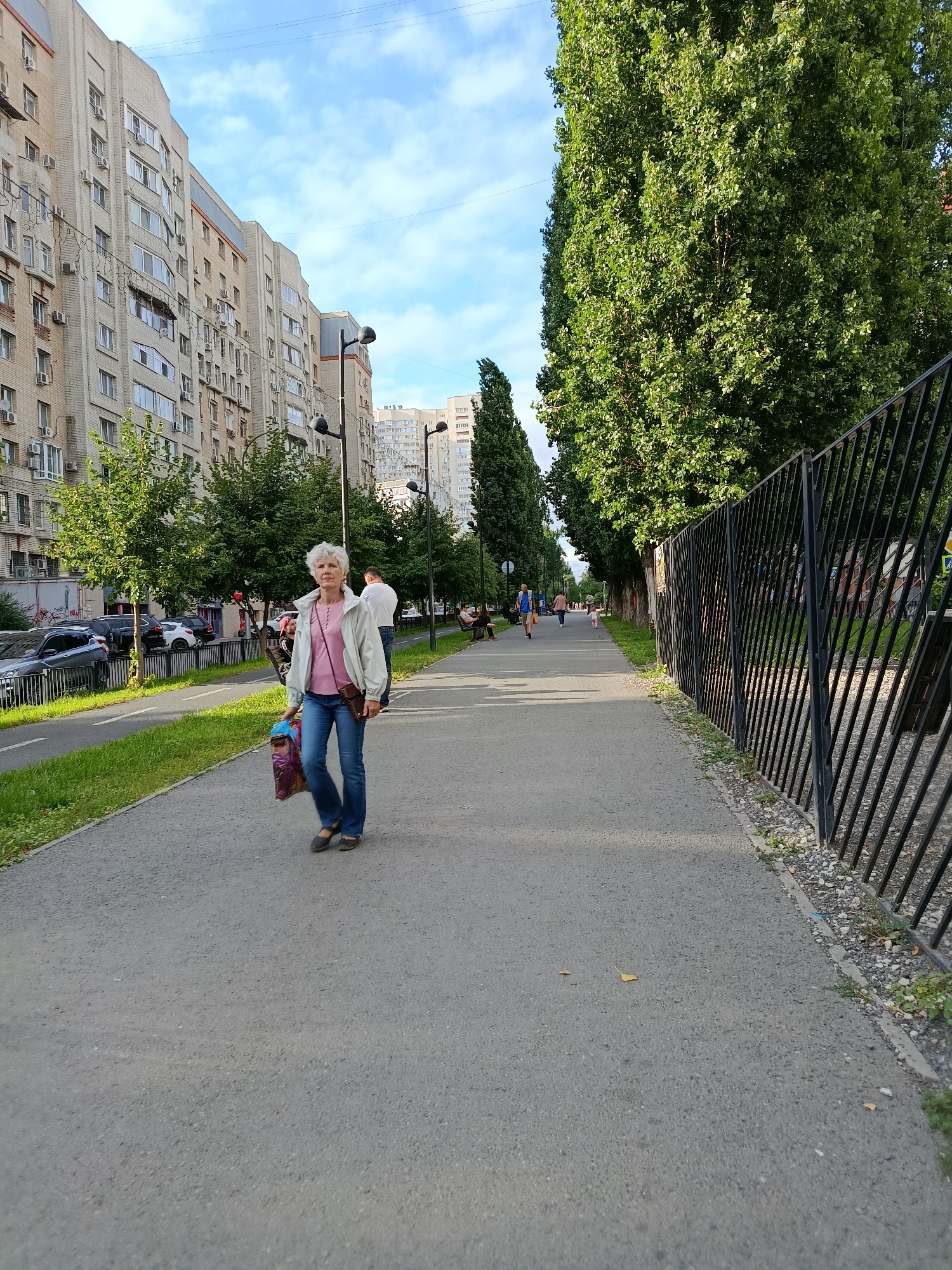 A woman with short, gray hair walks along a paved path in what appears to be a park or residential area. She is wearing blue jeans, a pink shirt, and a light-colored jacket, and carries a shopping bag in her right hand. To her left, a bike path runs alongside a grassy area, beyond which are parked cars and apartment buildings. To her right, a black metal fence lines the path, with tall trees behind it. The sky above is blue with scattered clouds. The scene depicts a typical urban environment with elements of nature interspersed.