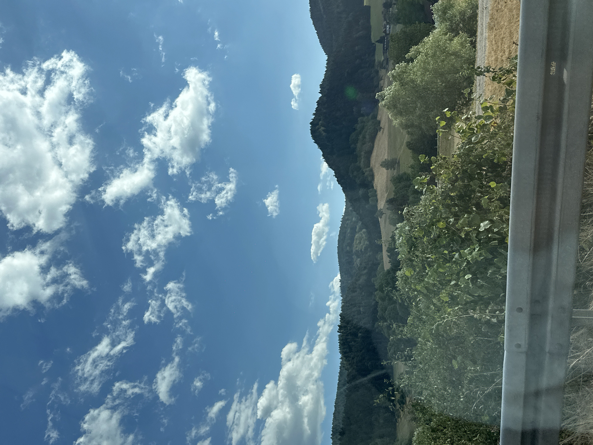 The image depicts a mountainous landscape on a sunny day. The scene is dominated by a clear blue sky with scattered white clouds, suggesting fair weather. A steep, densely forested mountain slope occupies the right half of the frame, gradually transitioning to a sun-drenched, dry grassland or agricultural field further down. A portion of a grey metal guardrail is visible in the foreground, indicating the viewpoint is likely from a road or elevated path. The time of day appears to be midday, given the bright sunlight casting sharp shadows. The overall mood is serene and natural. There is no text visible in the image.