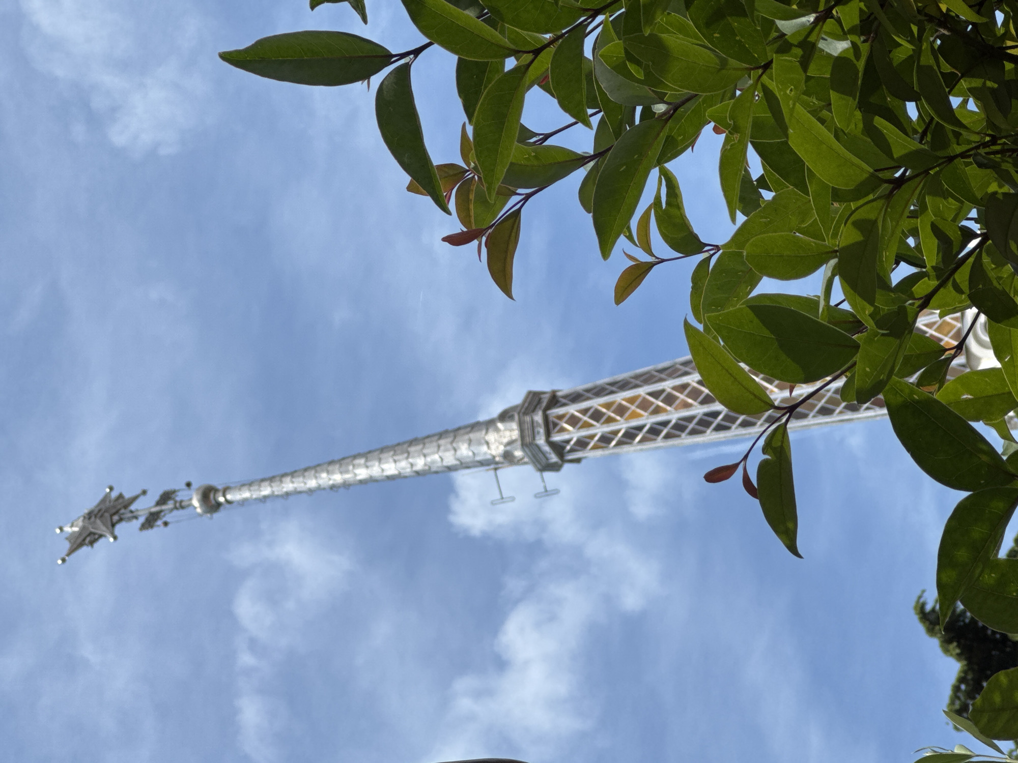 The image, shot from a low angle, depicts the spire of the Sochi Marine Station in Sochi, Russia. The spire is silver, constructed of a grid framework, and topped with a star. It is seen against a pale blue sky with light cloud cover. A tree branch with green leaves frames the upper right quadrant of the image, partially obscuring the spire.