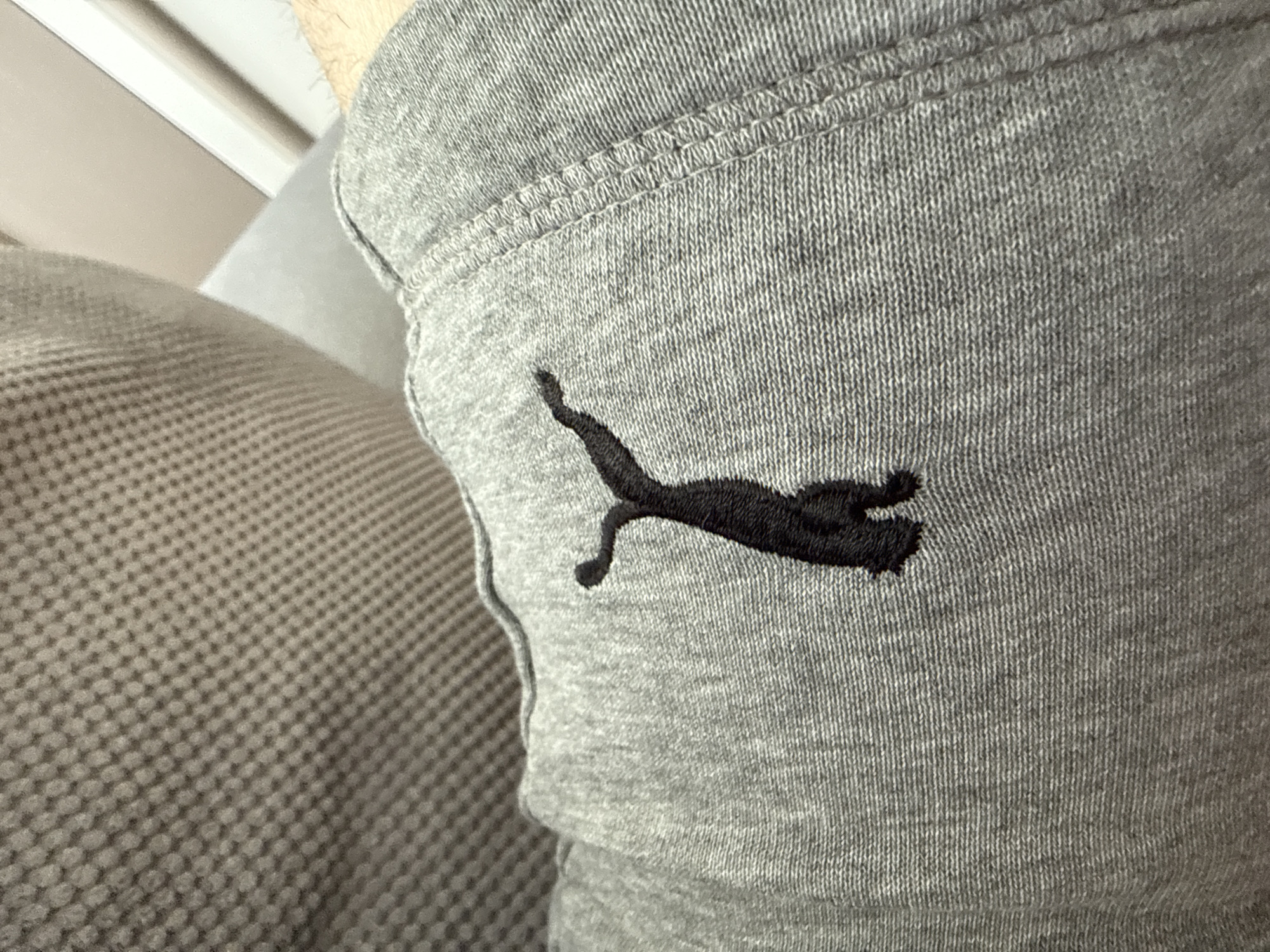 A close-up image shows a portion of grey sweatpants, likely worn. A black Puma logo is embroidered on the fabric. The lower portion of a textured grey couch or chair is visible in the lower left. The scene is indoors, with a glimpse of what appears to be a wall and window in the upper left corner. The location in Lovech, Bulgaria, is not evident from the image.