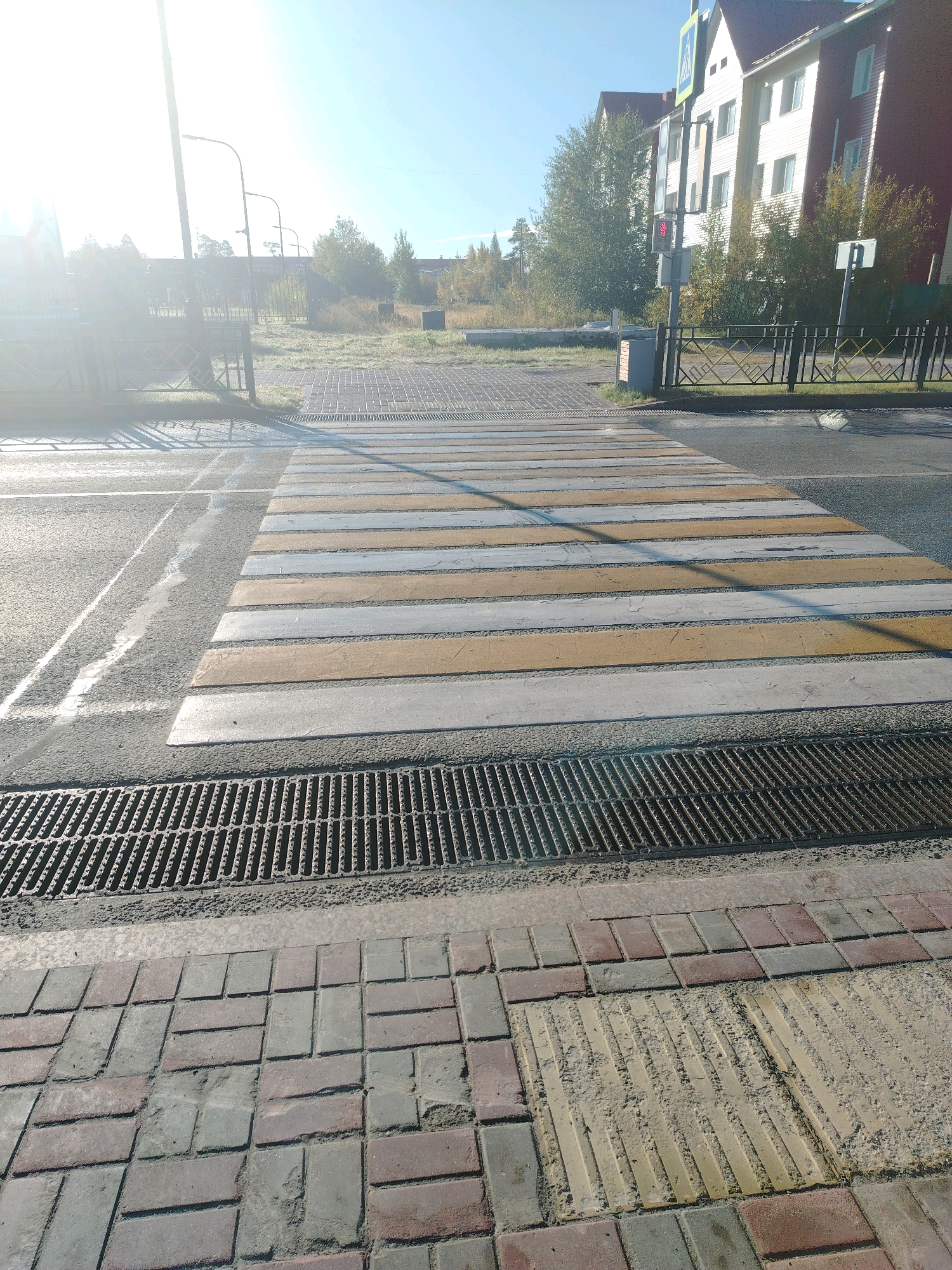 A pedestrian crosswalk with alternating yellow and white stripes is centered in the frame, crossing a paved road. The crosswalk is bordered by a metal grate drain on the near side and asphalt on the far side. In the background, there is a sidewalk made of brick pavers and a tactile paving surface for the visually impaired. Beyond the sidewalk, a grassy area with some sparse vegetation and scattered concrete blocks is visible. Further in the background, a black metal fence runs along the edge of the property, behind which are trees and a modern apartment building with white and maroon siding. A traffic light displaying a red signal is also visible on a pole near the building, along with a pedestrian crossing sign. The sky is clear and blue, with bright sunlight casting shadows across the scene. The location is identified as Muravlenko, Russia, suggesting an urban or suburban street setting. There are no people or animals visible in the image.