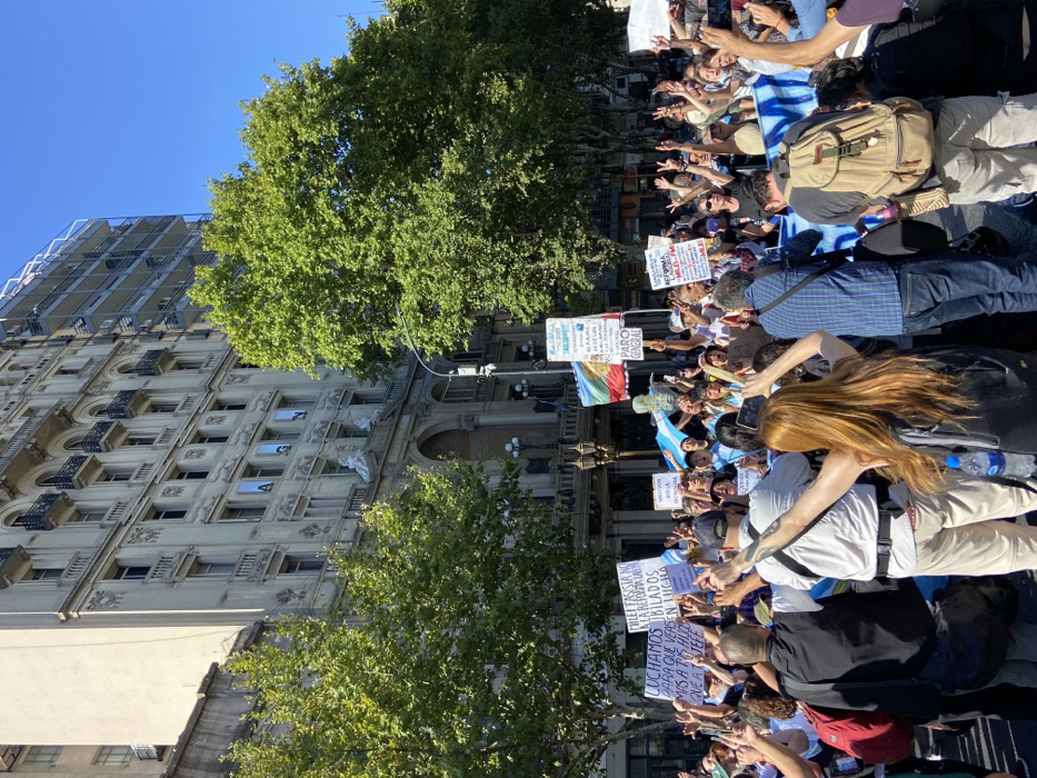 A daytime scene captures a dense crowd gathered on a street, facing a prominent historic building in Buenos Aires, Argentina. The location is identifiable as the Archivo General de la Nación (AGN) building, situated at Avenida Leandro N. Alem 250 in the San Nicolás neighborhood, evidenced by its ornate architectural style, arched windows, balconies, and the letters "A," "G," "N" displayed in individual windows on an upper floor.
Approximately 100-150 individuals are visible, predominantly in the midground, with their backs mostly turned towards the camera, looking towards the AGN building. Many participants have their hands raised in various gestures, including peace signs, fists, and open palms, suggesting active engagement in a protest or demonstration. Numerous hand-held signs are visible. Key messages on the signs include: "LUCHAMOS PARA QUE VEAN SEN LUCHA", "MILEI FASCISTA NO LA REFORMA LABORAL", "PARO GENERAL", "EL PAMI NO AL AJUSTE", and "REFORMA LABORAL DNU". An Argentine flag and a Wiphala flag are held aloft. A large blue and white banner is partially visible across the lower midground.
The sky is clear and blue, indicating bright, sunny weather. Several large, leafy green trees partially obscure the mid-levels of the AGN building and separate the crowd from the structure. To the far right, behind the trees and the AGN, a modern multi-story building with visible scaffolding is present. The foreground shows the backs of several individuals, including a person with long reddish-brown hair wearing a dark top and holding a water bottle, and another person with a beige backpack.