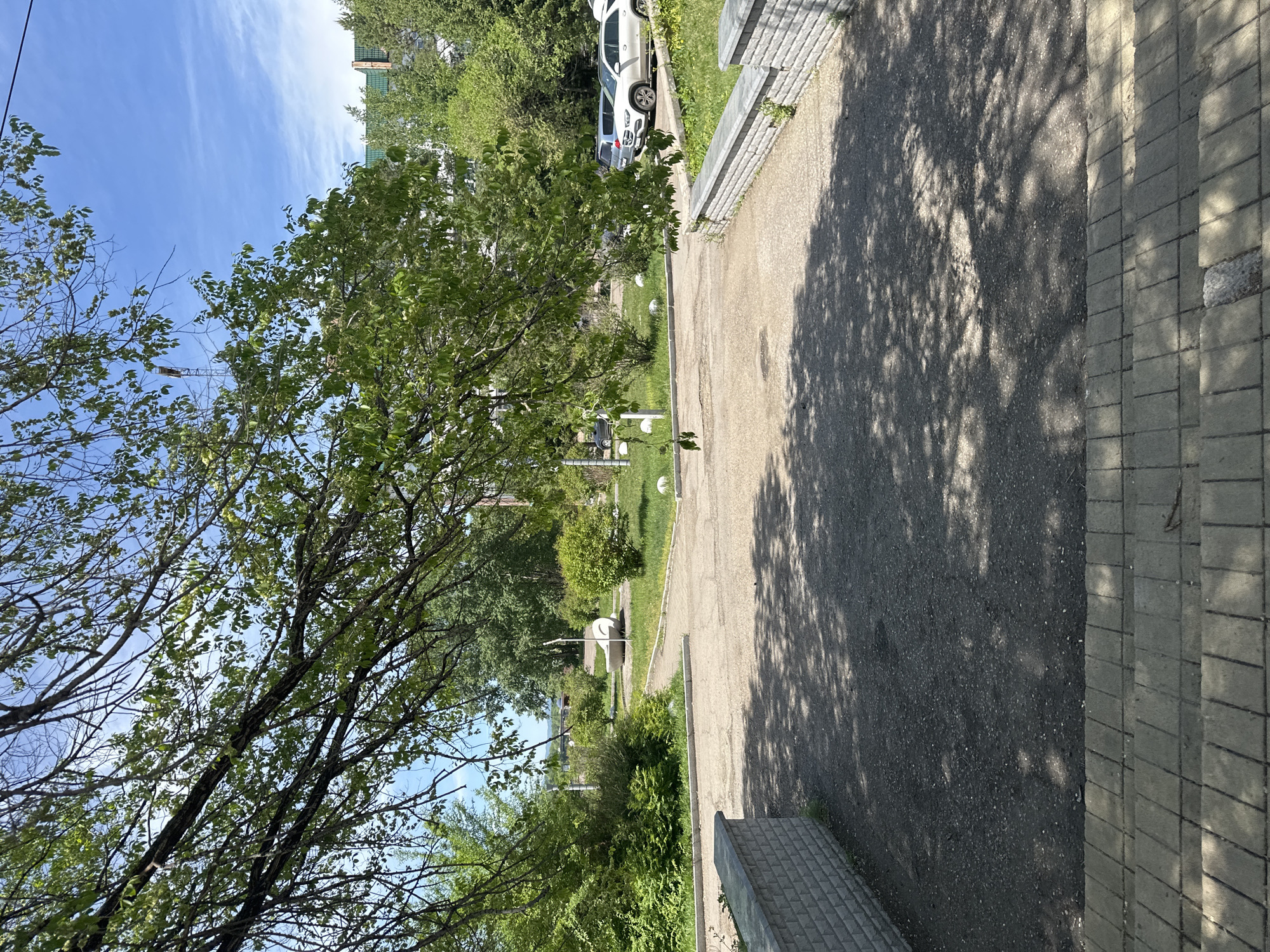 The image depicts a street in Birobidzhan, Russia. A sidewalk made of concrete tiles is visible on the right side of the frame. A paved asphalt road runs parallel to the sidewalk, casting shadows from trees. On the left, there are trees and green spaces. In the background, there are cars parked alongside buildings. The sky is blue with some clouds.