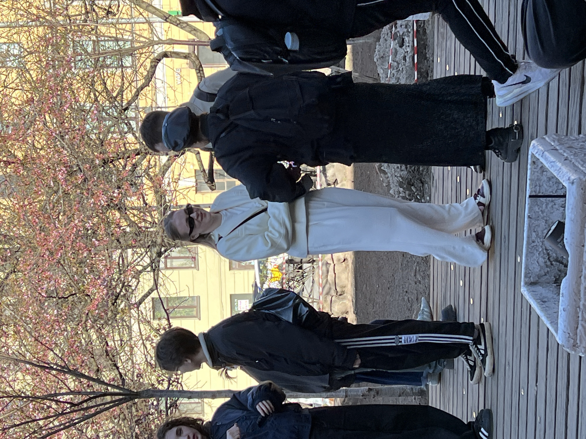 This rotated image captures a sunny daytime scene in Saint Petersburg, Russia, likely during spring, given the blossoming tree. A group of at least six young individuals is gathered outdoors on a wooden deck or boardwalk.
In the center, a young woman with long, light-colored hair and sunglasses smiles towards the viewer, dressed in a white jacket and matching white pants, paired with light-colored shoes. To her left, another person wears a black jacket and black track pants with white stripes, complemented by black sneakers. Further left, a person with dark, curly hair is visible in a dark blue jacket. To the right of the woman in white, another person is seen from behind, wearing a black jacket, dark cap, and black skirt or wide pants, carrying a backpack. The legs of a person wearing black track pants with white stripes and white Nike sneakers are visible further to the right. Another person in dark clothing is partially visible at the top right of the frame.
The background features light-colored, multi-story buildings with windows. To the left, a large tree is in full blossom with numerous pink flowers, indicating the season. The ground is a wooden planked surface. Elements like red and white striped barriers, possibly associated with construction, are present on the ground. A stone bench or structure on the right side has partially visible Cyrillic text, which appears to include "БАНК". The bright sunlight suggests clear weather. The people seem to be casually socializing in a relaxed outdoor setting.