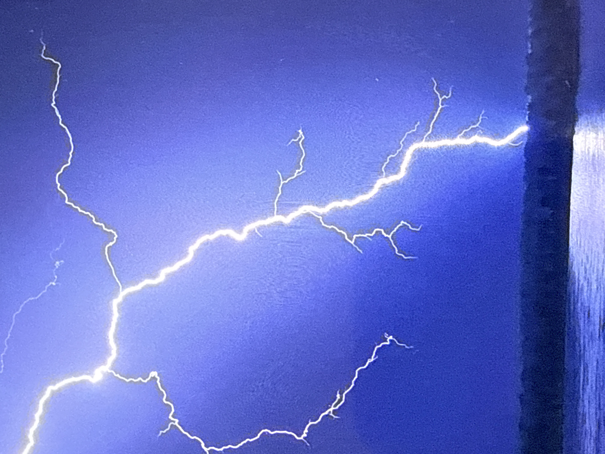 The image shows a dramatic lightning strike illuminating a dark sky over a body of water and a distant treeline. The lightning bolt is a bright, jagged line of white light, branching out into smaller tendrils. The sky is a deep, electric blue, and the water in the foreground reflects the light from the storm. The treeline appears as a dark silhouette against the horizon. The scene captures the power and intensity of a thunderstorm. The location is unknown.