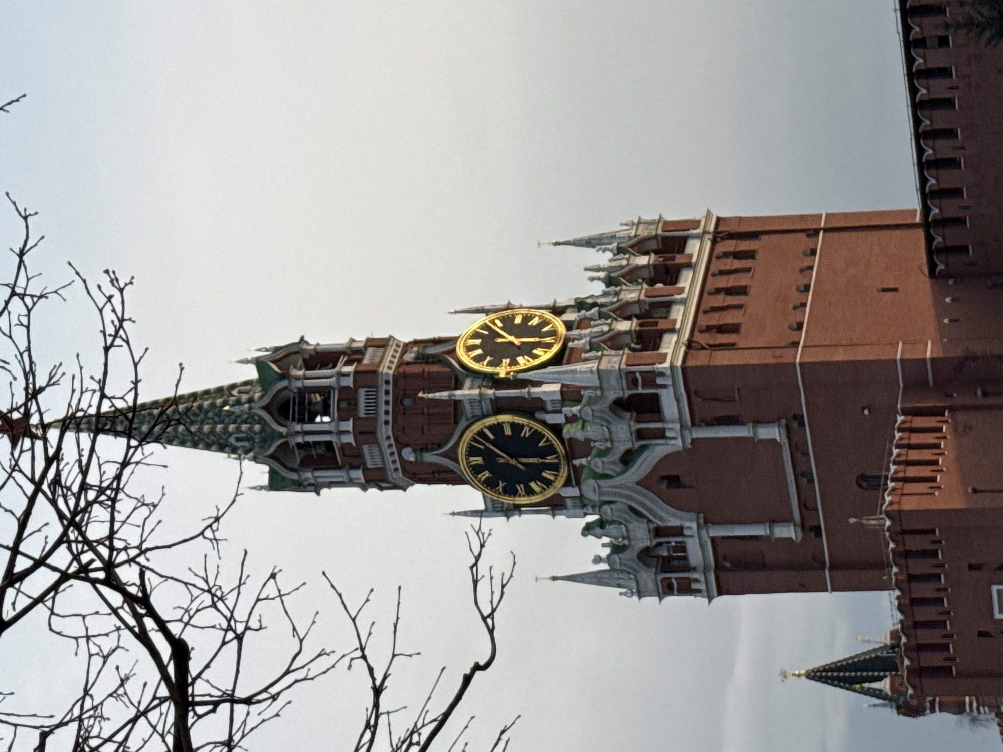 The image displays the Spasskaya Tower of the Moscow Kremlin in Moscow, Russia. The tall, reddish-brown brick tower is topped with a green-patterned conical spire culminating in a red star. Below the spire, the tower features a bell section with arched openings. Two prominent circular clock faces with gilded frames, black backgrounds, and Roman numerals are visible on the tower, illuminated by sunlight. White decorative architectural elements adorn the tower below the clocks. A segment of the red Kremlin wall with crenellated battlements extends from the base of the tower to the right. To the lower left of the Spasskaya Tower, a smaller turret with a dark, pointed roof and a golden cross finial is partially visible, rising above the Kremlin wall. Bare tree branches with fine twigs are present in the upper left foreground, partially obscuring the sky and the spire. The sky itself appears light and overcast. No individuals, activities, or interactions are depicted in the scene.
