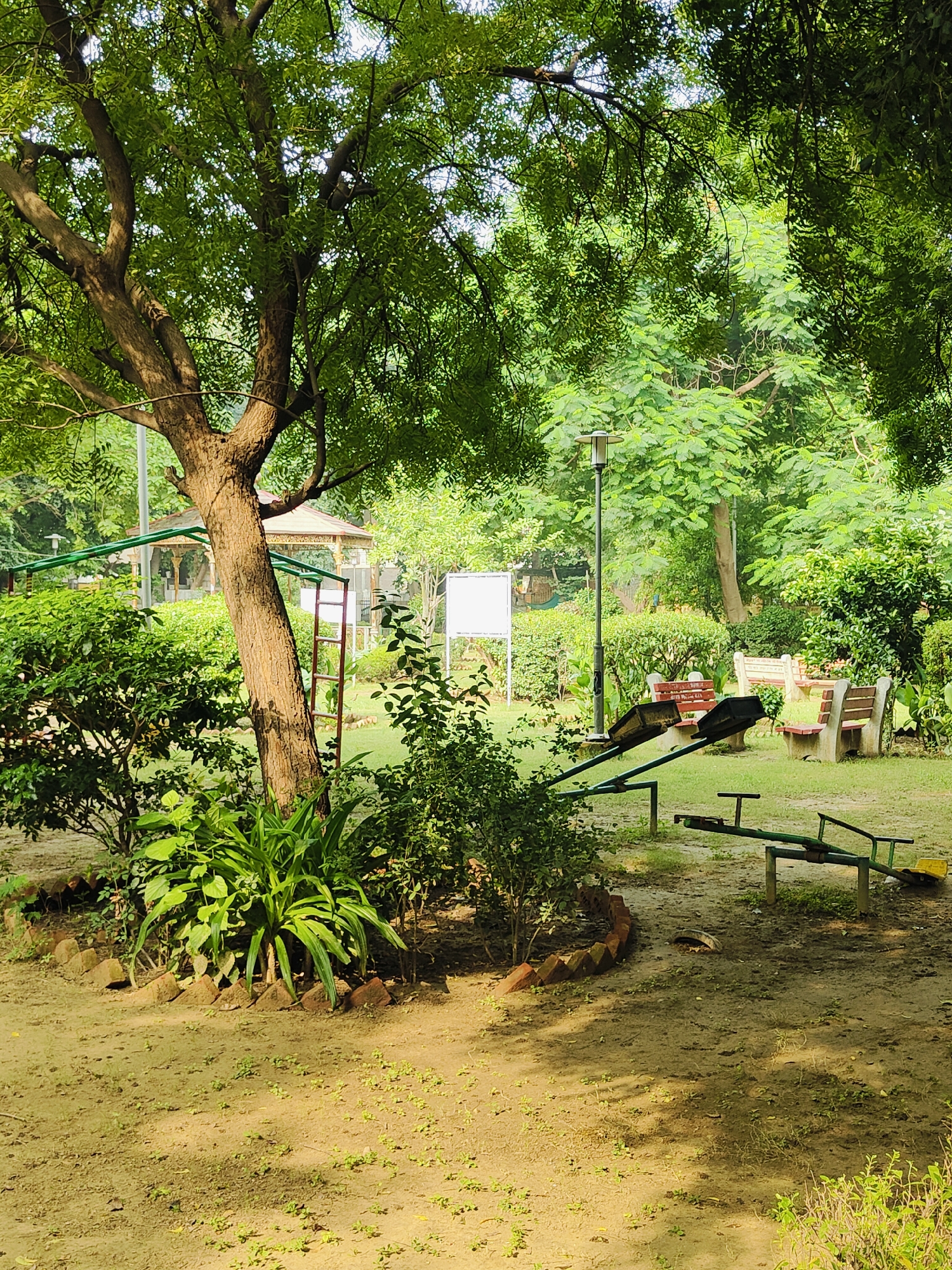 The image depicts a park in Gurgaon, India. In the foreground, a large tree with a thick trunk dominates the left side of the frame, its branches creating a canopy of green leaves overhead. To the right of the tree, a green metal seesaw is partially visible. In the middle ground, several park benches are arranged on a grassy area. A lamppost stands behind the seesaw. Further in the background, a gazebo with a decorative roof is visible, surrounded by lush greenery. The ground in the foreground is covered with dry earth and sparse vegetation, with a circular brick border around a cluster of plants near the tree. The overall impression is that of a tranquil, outdoor public space in a city.