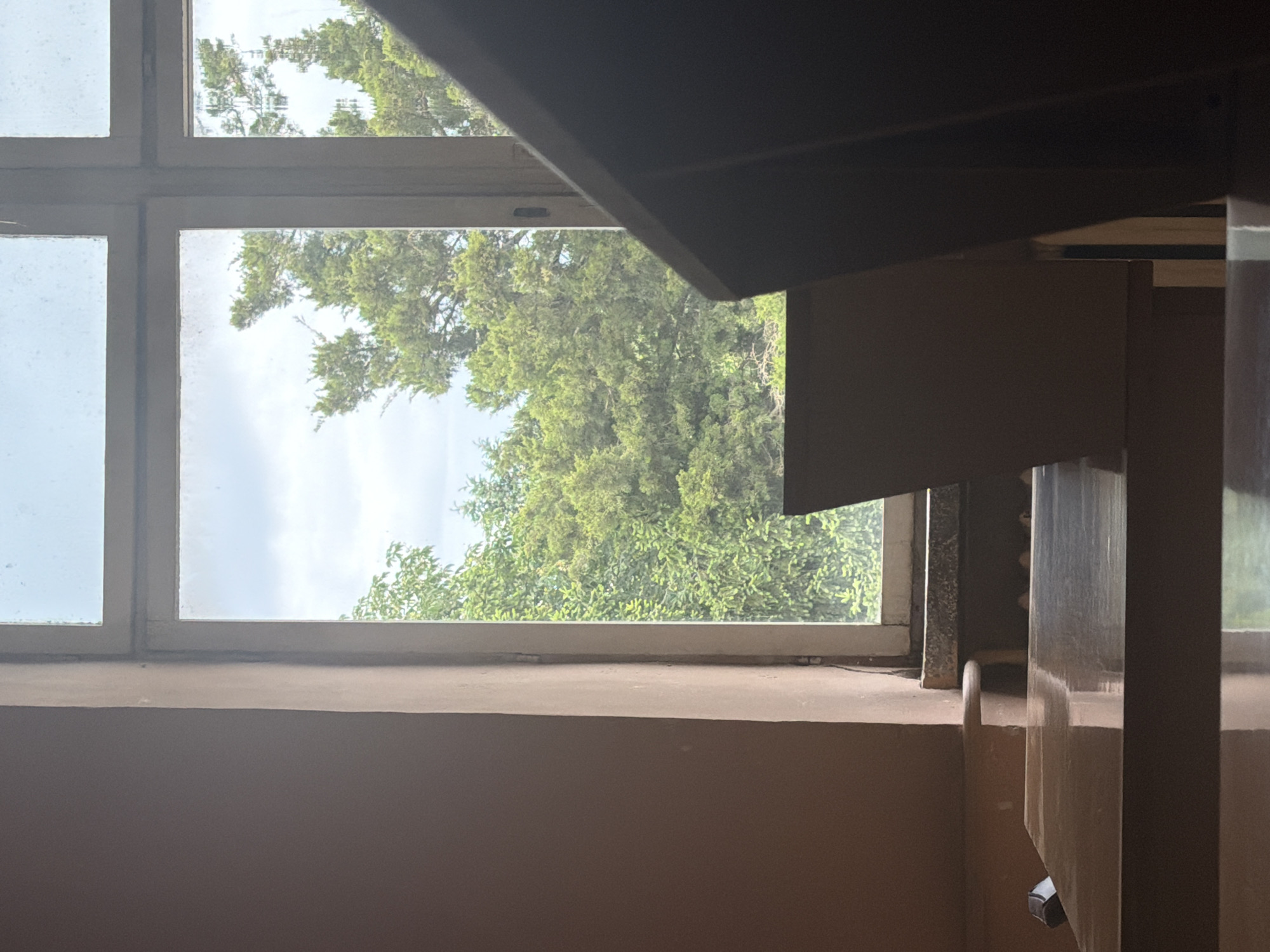 The image shows an interior view of a room with a window. Outside the window, there is a view of green trees against a cloudy sky. The window frame is white and appears to be divided into multiple panes. In the foreground, parts of what seem to be stairs are visible, constructed from wood. The walls are painted in a neutral brown. There is no evidence to place this image in Dolna Mitropolia, Bulgaria.