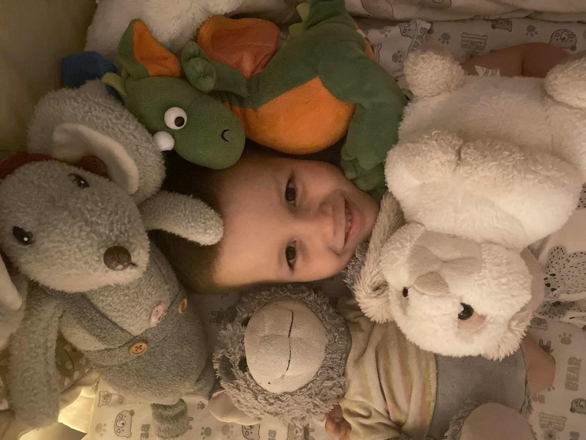 A child is lying on their back in a bed surrounded by plush toys. The toys include a gray mouse with a buttoned vest, a green and orange dragon, a gray stuffed animal with a white face, and two white bunnies. The bedsheet has a pattern of bears and paw prints. The child is smiling and looking directly at the camera. The location, Chaikovsky, Russia, is not discernible from the image.