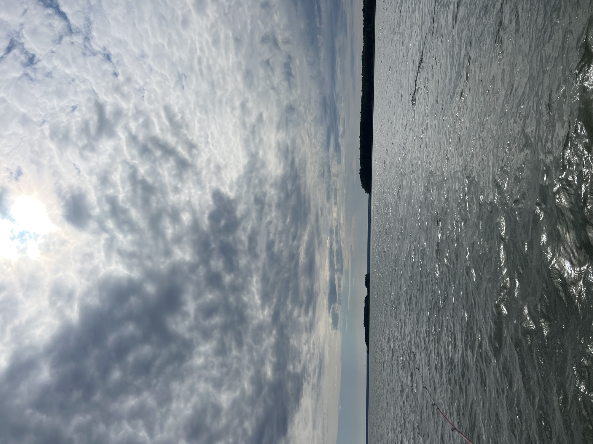 A cloudy sky looms over a vast body of water, likely a lake or reservoir, with a distant treeline on the horizon. The water is choppy, reflecting the diffused sunlight filtering through the clouds. In the foreground, a fishing rod extends from the left edge of the frame, casting a shadow on the water's surface. The scene suggests an outdoor activity, possibly fishing, taking place on a day with variable weather conditions. The location is identified as Novopichugovo, Russia.