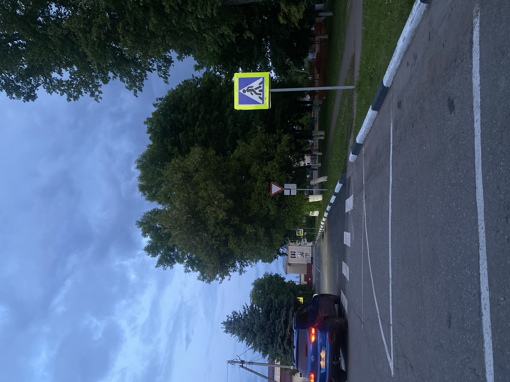 The image displays a street scene at what appears to be dusk or late evening, under a cloudy, muted blue sky. The camera's perspective looks down a paved road that curves slightly to the right, with a blue car positioned on the right side of the road, its taillights illuminated. The car, likely an SUV or hatchback, has a visible Russian license plate reading "M599XX 50".
A prominent pedestrian crossing is marked on the asphalt with white "zebra" stripes. Accompanying this crossing is a square pedestrian crossing sign on the left side of the road, featuring a bright yellow/lime green border and background with a blue triangle enclosing a white pedestrian icon. Further down the road, another traffic sign, a red-bordered white triangle indicating "Give Way" or "Yield", is also visible. The curb lining the right side of the road is painted with alternating black and white stripes.
The road is flanked by lush green trees on both sides, and patches of grass are visible between the road and the trees. In the background on the left, a multi-story building can be seen. The overall setting suggests an urban or suburban environment. No people are visible in the scene.