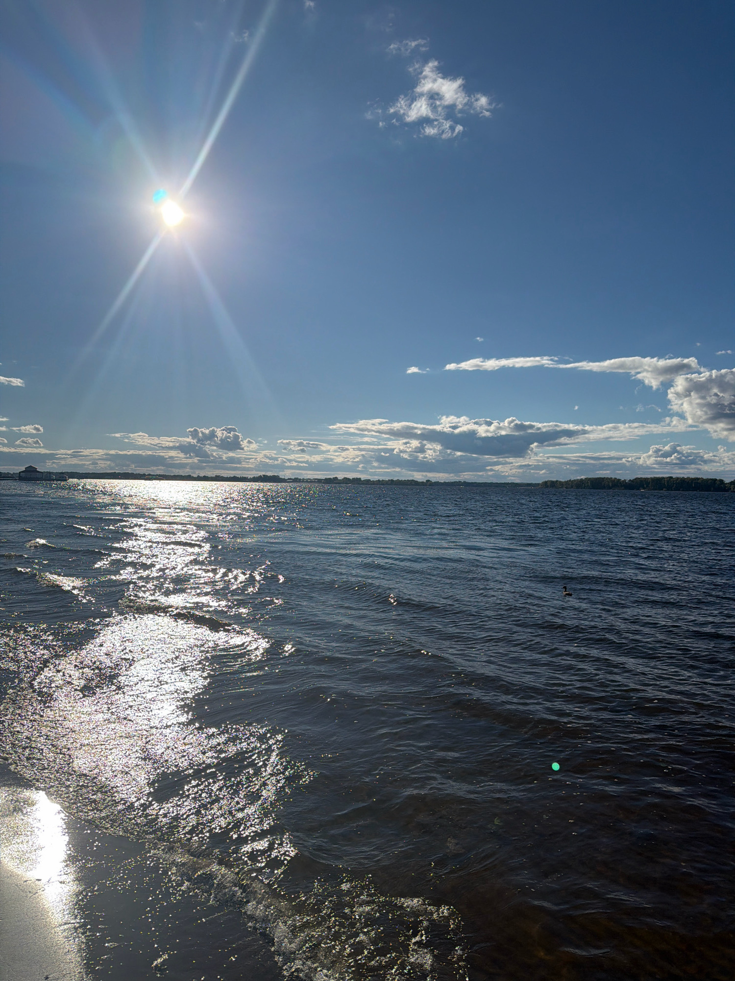 This is a vertical, eye-level shot of the Volga River in Samara, Russia. The sun is shining brightly in the upper left quadrant, casting a strong glare on the water, which is choppy and dark blue. A thin strip of land with trees is visible in the distance on the horizon, as are some buildings and a faint haze. The sky is a vibrant blue with scattered white clouds. In the foreground, a small wave is breaking on the shore, which is out of focus. There are no people visible in the image, but a small dark object, possibly a bird or a piece of debris, can be seen floating on the water in the middle right of the frame. A small, bright green circular object is also visible in the water in the middle right.