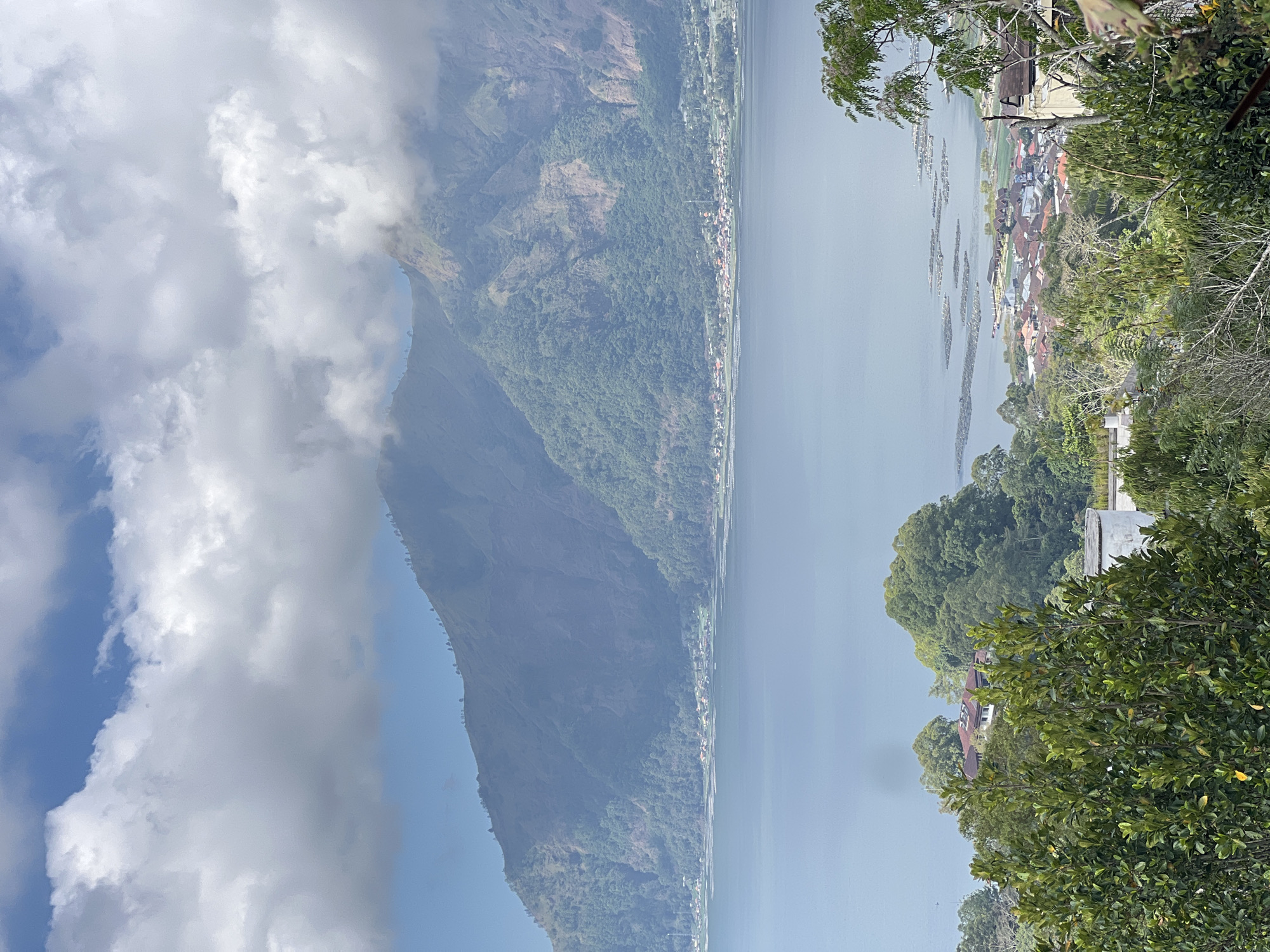 This image shows a panoramic view of a serene lake and volcanic mountains in Kintamani, Indonesia. The foreground is dominated by lush green foliage, with trees and bushes obscuring parts of the landscape below. In the midground, a tranquil lake stretches across the frame, its surface reflecting the soft hues of the sky. Along the lake's edge, a small village with red-tiled roofs is visible, interspersed with scattered houses and what appear to be fish farms or aquaculture cages on the water. The background is defined by majestic, verdant mountains that rise steeply, their slopes covered in dense forestation. The peaks are partially veiled by a dramatic sky filled with large, billowy clouds, suggesting a mix of sunshine and overcast conditions. The overall scene evokes a sense of natural beauty and peacefulness, characteristic of the Kintamani region, known for its stunning caldera lake and active volcano.
