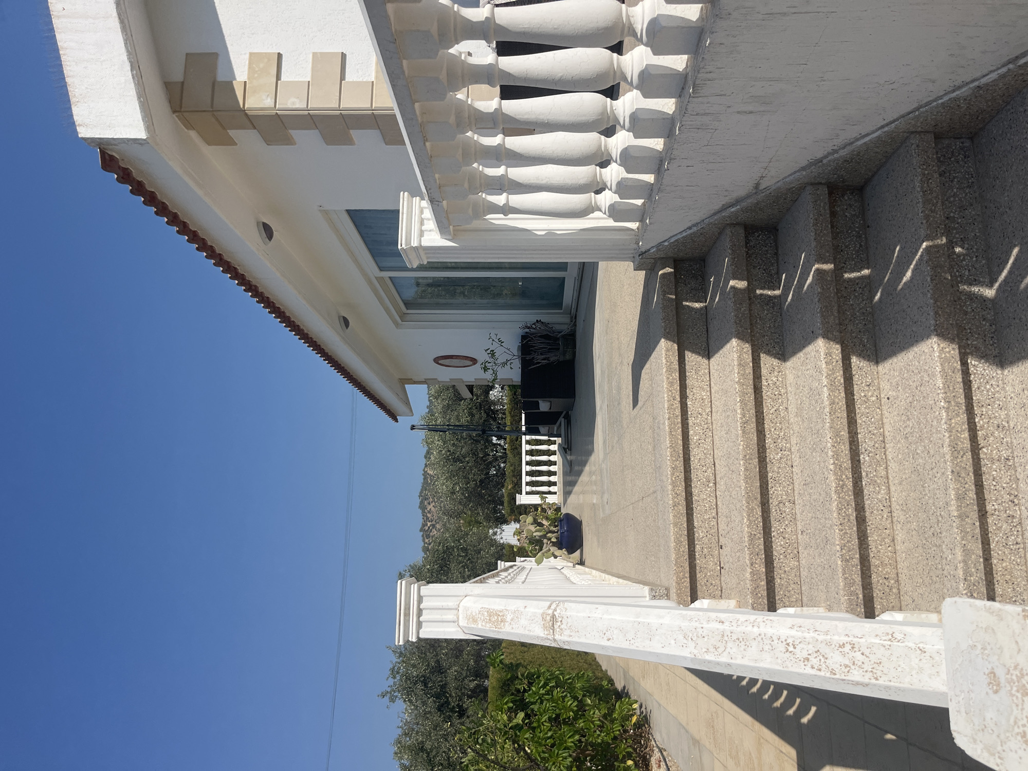 A bright, sunny day in Parekklisia Community, Cyprus, showcases a modern villa with a white stucco exterior and a terracotta tiled roof. The foreground features a wide, light-colored stone staircase with a textured finish, leading up to a patio. The stairs are flanked by ornate white balustrades, one of which appears to be in a state of disrepair with visible chipping and weathering.
To the left of the stairs, a paved walkway runs alongside a lush green hedge and a tree with visible fruit. Further along the walkway, a large blue pot holds a spiky cactus. The patio area, also paved with similar light-colored stone, is furnished with dark outdoor seating, partially obscured by a railing. Beyond the patio, a row of trees, possibly olive trees, forms a backdrop against a gently sloping, arid hillside under a clear blue sky. A sliver of a power line is visible against the sky in the distance. The villa's facade has large glass sliding doors and decorative stone accents. The overall scene conveys a sense of a well-maintained, sun-drenched property in a Mediterranean setting.