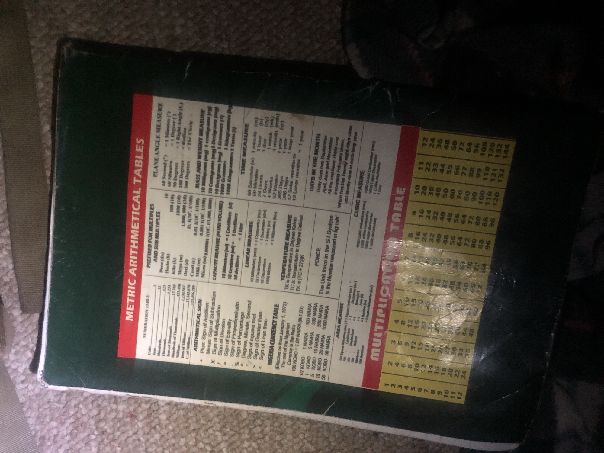 The image displays the cover of a book titled "METRIC ARITHMETICAL TABLES". The book is green with a white spine and shows signs of wear and tear, including creases and scuff marks. The cover is adorned with various tables and charts, including a "NUMERATION TABLE", "PREFIXED FOR MULTIPLES AND SUB MULTIPLES", "PLANE ANGLE MEASURE", "MASS AND WEIGHT MEASURE", "CAPACITY MEASURE (FLUID VOLUME)", "LINEAR MEASURE", "TEMPERATURE MEASURE", "FORCE", "AREA MEASURE", "DAYS IN THE MONTH", "NIGERIA CURRENCY TABLE", and a large "MULTIPLICATION TABLE" at the bottom. The "NIGERIA CURRENCY TABLE" specifies that the unit of Nigerian currency is the Naira.
There is no information in the image to suggest its location within the city of Jalingo, Nigeria, or any other specific location. The image is a close-up of the book and does not provide a wider environmental context. There are no people, actions, or interactions depicted in the image. The scene is solely focused on the book and its content.