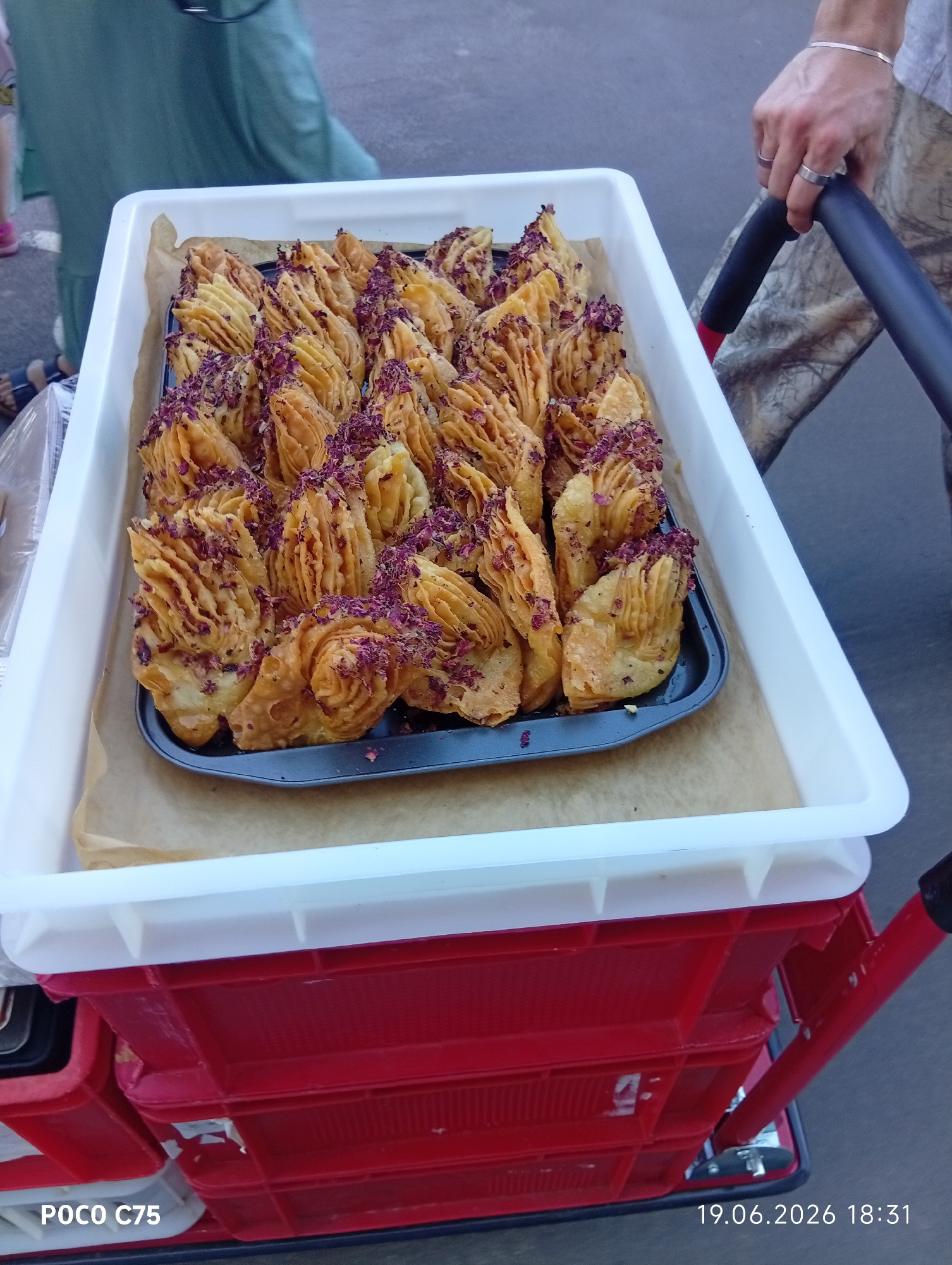 A tray of golden-brown, flaky pastries, likely baklava or a similar sweet pastry, is displayed. The pastries are topped with finely chopped dried rose petals or a similar garnish. They are arranged in a white plastic rectangular container, which is placed on top of a red wheeled cart. A person's hand, wearing two rings, is visible on the right, holding the handle of the cart. In the background, a person in a teal dress is partially visible on the left. The scene appears to be outdoors, possibly at a market or street vendor stall, given the context of the cart and the presence of other people in the background. The timestamp "19.06.2026 18:31" is visible at the bottom right of the image, and "POCO C75" is visible at the bottom left. There is no identifiable information about the location being in Wrocław, Poland.