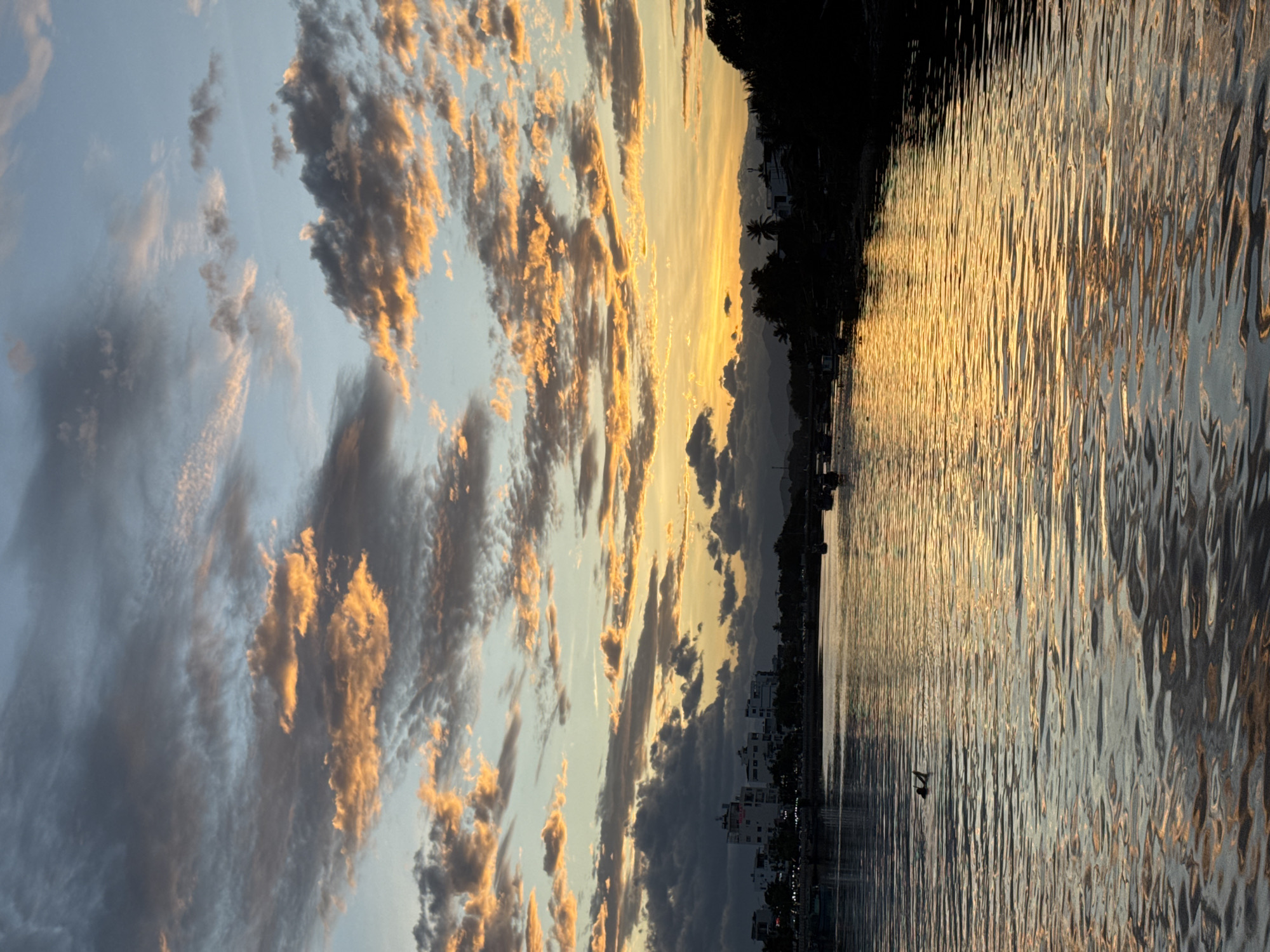 This is a photograph taken at sunset over the Cai River in Nha Trang, Vietnam. The sky is filled with dramatic clouds, illuminated in shades of orange, yellow, and gray, creating a vibrant contrast against the fading blue. The river's surface reflects the colorful sky, with ripples distorting the light into shimmering patterns.
On the left bank of the river, a cluster of buildings with white facades and multiple stories are visible, suggesting an urban area. Beyond the buildings, the silhouette of distant mountains can be seen. The right bank of the river is lined with trees and dense vegetation, forming a dark, silhouetted treeline.
Several small boats are scattered across the river, some appearing to be fishing vessels. In the foreground, on the water's surface, a lone individual is present, seemingly swimming or wading with their arms raised. The overall atmosphere is serene and picturesque, capturing the natural beauty of the river and the sky during twilight.