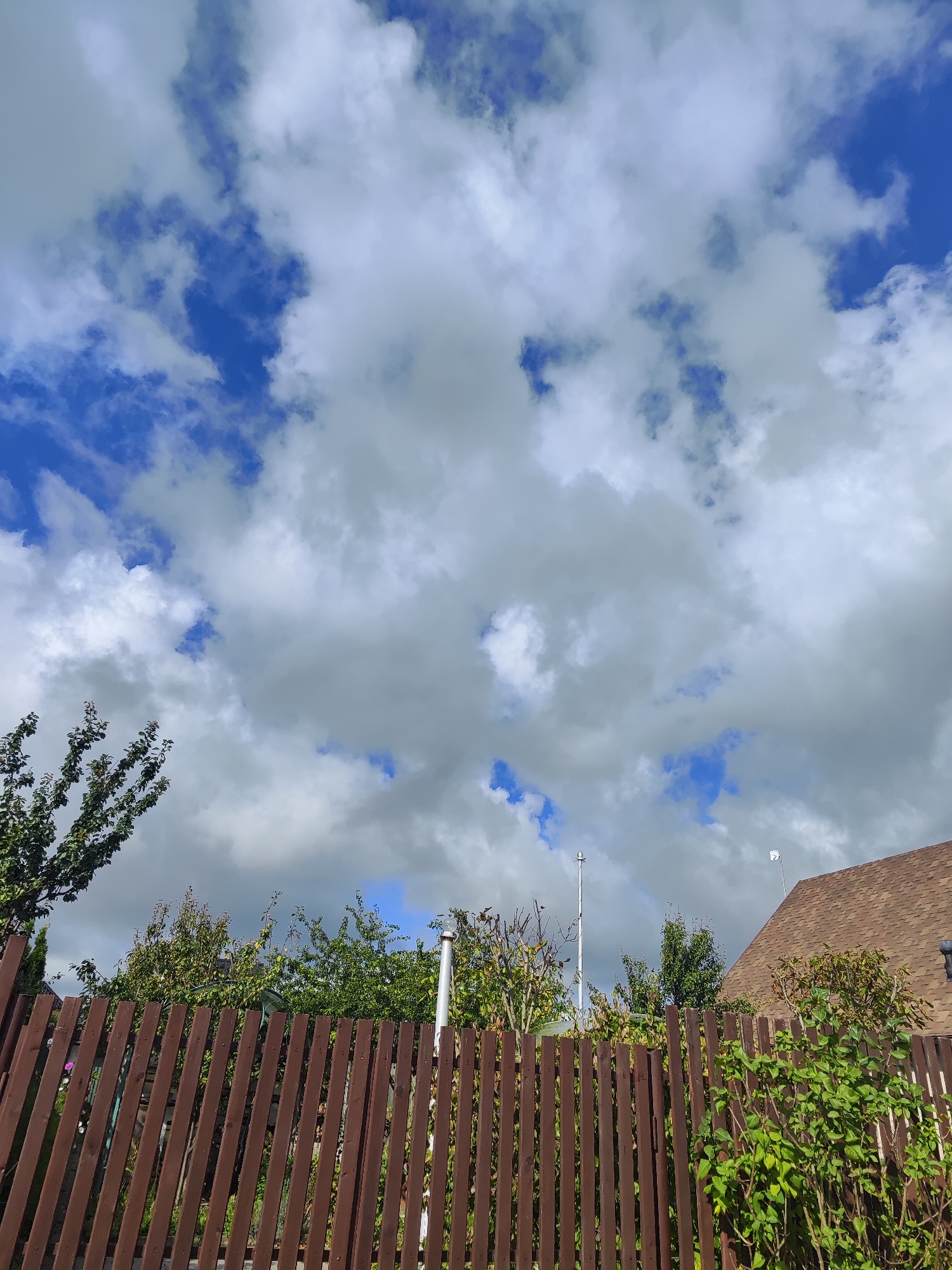 The image shows a backyard scene with a wooden fence in the foreground. Behind the fence, there are various trees and bushes. A section of a house roof is visible in the upper right corner. Above the fence and trees, there is a sky filled with clouds and patches of blue. There are no people or animals visible in the image. The scene appears to be a residential area.