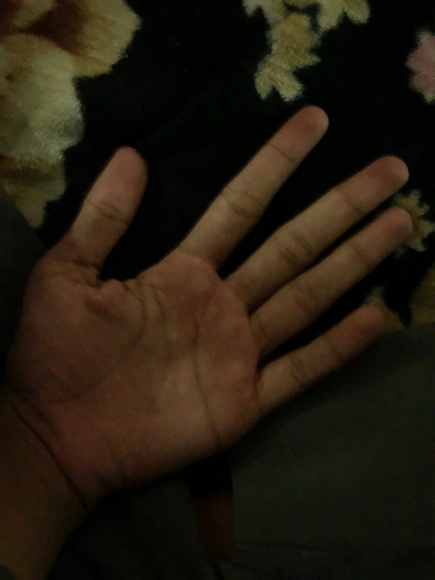 A person's left hand is shown with fingers splayed open. The hand is facing upwards, and the palm is visible with lines and creases. The fingers are extended, with fingernails clearly visible. The background appears to be a dark fabric with a floral pattern, possibly a blanket or piece of clothing. The lighting is dim, casting shadows on the hand and obscuring some details in the background. There is no visible indication of the specific location within Saidan, Pakistan.