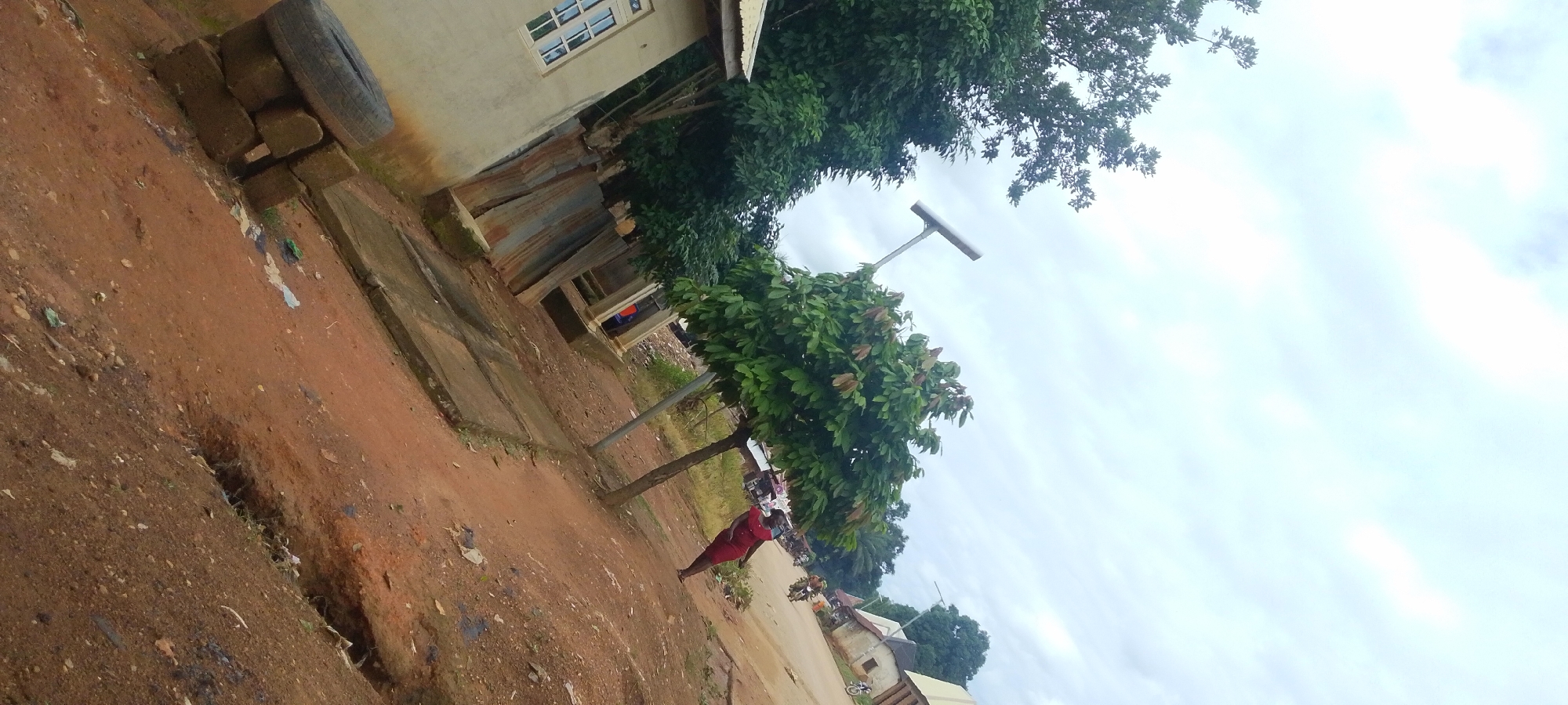 This media file captures an outdoor scene in Baissa, Nigeria. The foreground features a dirt path with scattered debris. To the left, a building with a light-colored facade and a white-framed window is visible, partially obscured by a pile of bricks and a tire. Adjacent to the building is a corrugated metal fence.
Dominating the mid-ground are several trees with lush green foliage. One tree, with a slender trunk, stands near the center of the image. A person in a red garment is walking on the path beneath this tree. Further back, additional trees and some small structures can be seen, along with what appears to be a street with a few motorcycles. A prominent streetlamp with a horizontal bar is positioned above the trees.
The background consists of a hazy, overcast sky. The overall impression is a somewhat rural or semi-urban environment, likely during daylight hours given the illumination, but the cloudy sky suggests a lack of direct sunlight. The scene appears calm, with no specific event or heightened emotion immediately evident. No text is visible in the image.