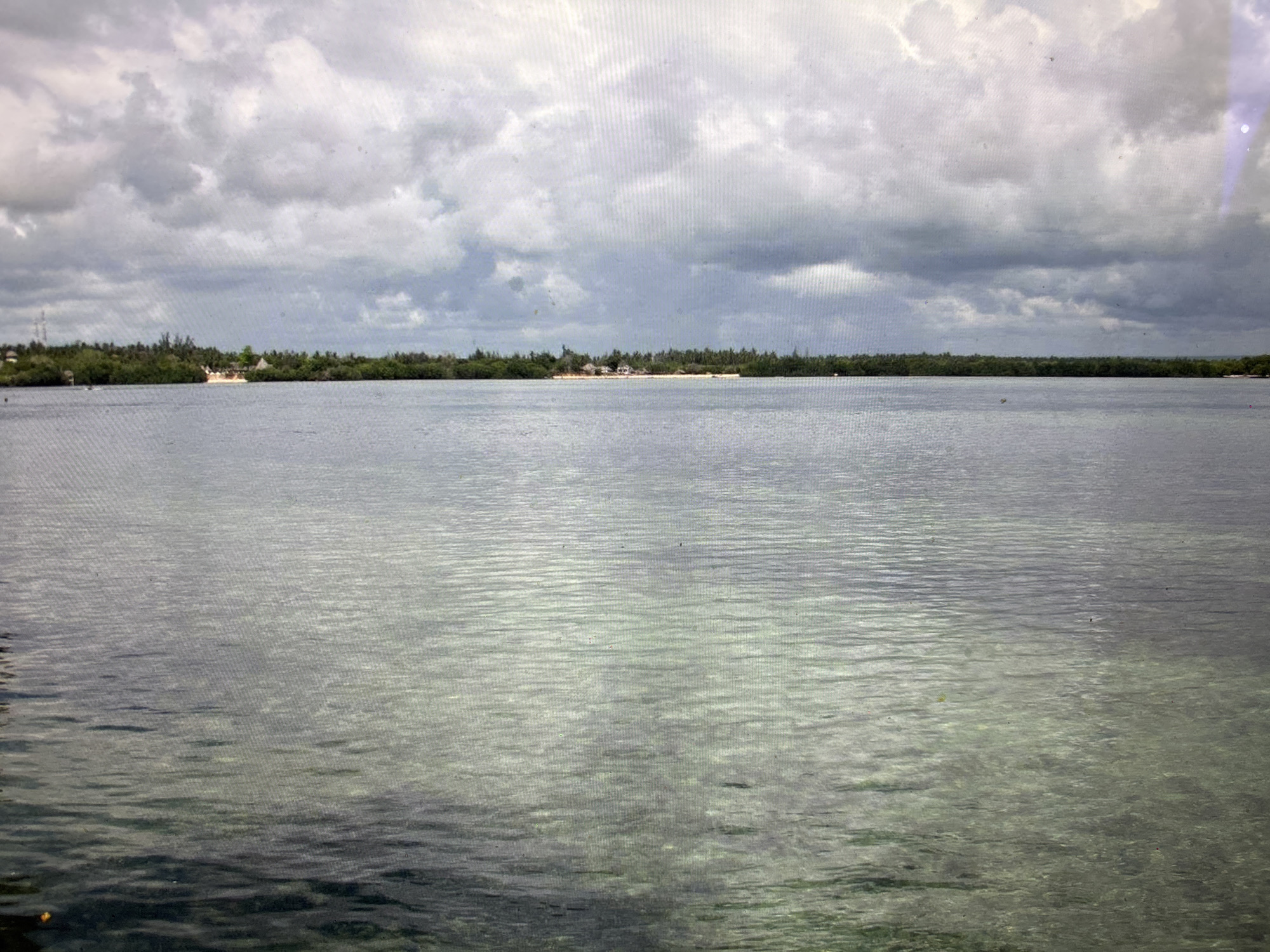 The image depicts a wide expanse of calm water, likely a lake or bay, under a cloudy sky. The water is a muted grey-blue, with subtle ripples creating texture on its surface. The far side of the water is lined with a dense, green treeline, suggesting a natural or park-like setting. A few small structures, possibly buildings or huts, are visible nestled within the trees on the distant shore. The sky is overcast with layers of grey and white clouds, creating a somewhat subdued and atmospheric lighting condition. There are no discernible people or specific landmarks that would identify this as a location within the city of Sofia, Bulgaria. The scene is peaceful and natural, with the water and foliage being the dominant elements.