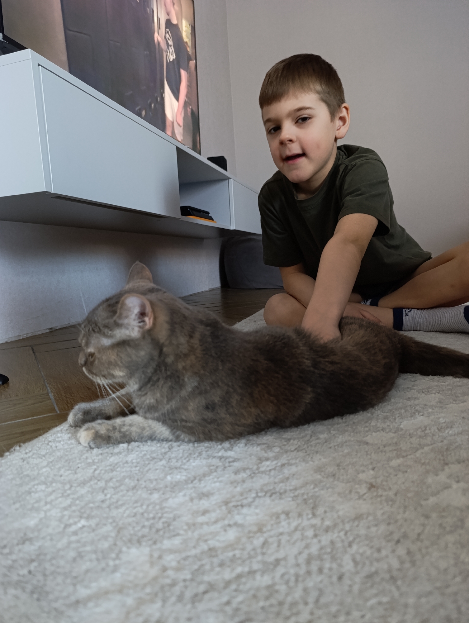A boy sits on a beige shag rug next to a grey tabby cat. The boy wears a dark green short-sleeved shirt, dark shorts, and grey socks with a dark stripe. The cat lies beside him, facing left. Behind the boy and cat is a white wall and a white media console with a television on it. The location is most likely an apartment in the city of Chaikovsky, Russia.