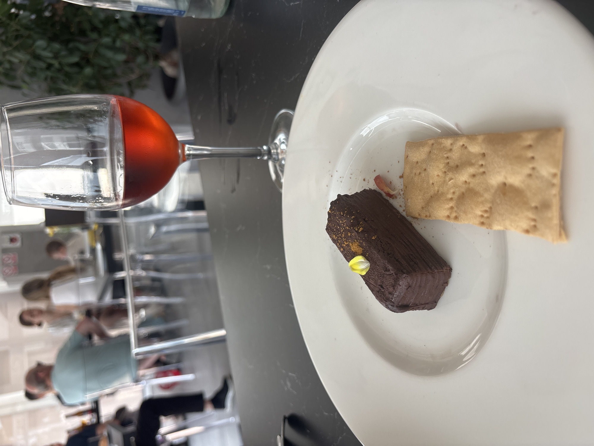 The image captures a close-up view of a dessert and a glass of rosé wine on a dark, reflective surface, likely a table at a restaurant. In the foreground, a white plate holds a rectangular chocolate dessert topped with a small yellow edible flower and dusted with what appears to be cocoa powder and gold leaf flakes. Next to the dessert is a rectangular cracker. A wine glass filled with rosé wine is positioned behind the plate, with condensation visible on its exterior. The background is blurred but suggests an indoor dining environment with people seated at tables and a potted plant. The restaurant appears to be in El Parador de las Hortichuelas, Spain, given the context.