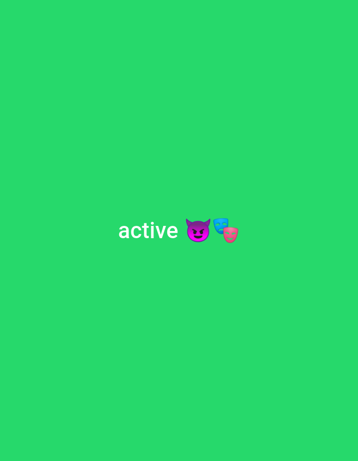 A bright green background displays the word "active" in white, followed by three emojis: a purple devil face with horns, a blue drama mask, and a pink drama mask. The text and emojis are clustered near the center of the image.